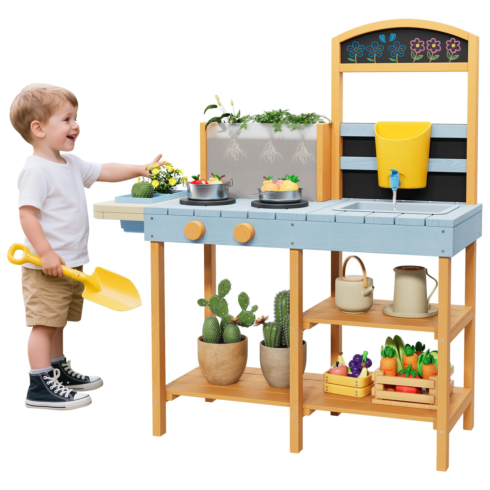 2-in-1 Outdoor Holz-Matschküche für Kinder ab 3 Jahren – Spielküche mit Kreidetafel, abnehmbarem Waschbecken, Wasserhahn, Pflanzkasten, Aufbewahrungsregalen und Herd – Sensorik-Spielset für
