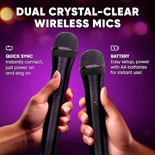 Miniatura 4 de MASINGO Máquina de karaoke para niños y adultos con 2 micrófonos inalámbricos Bluetooth, altavoz de sonido 3D portátil con luces LED coloridas,