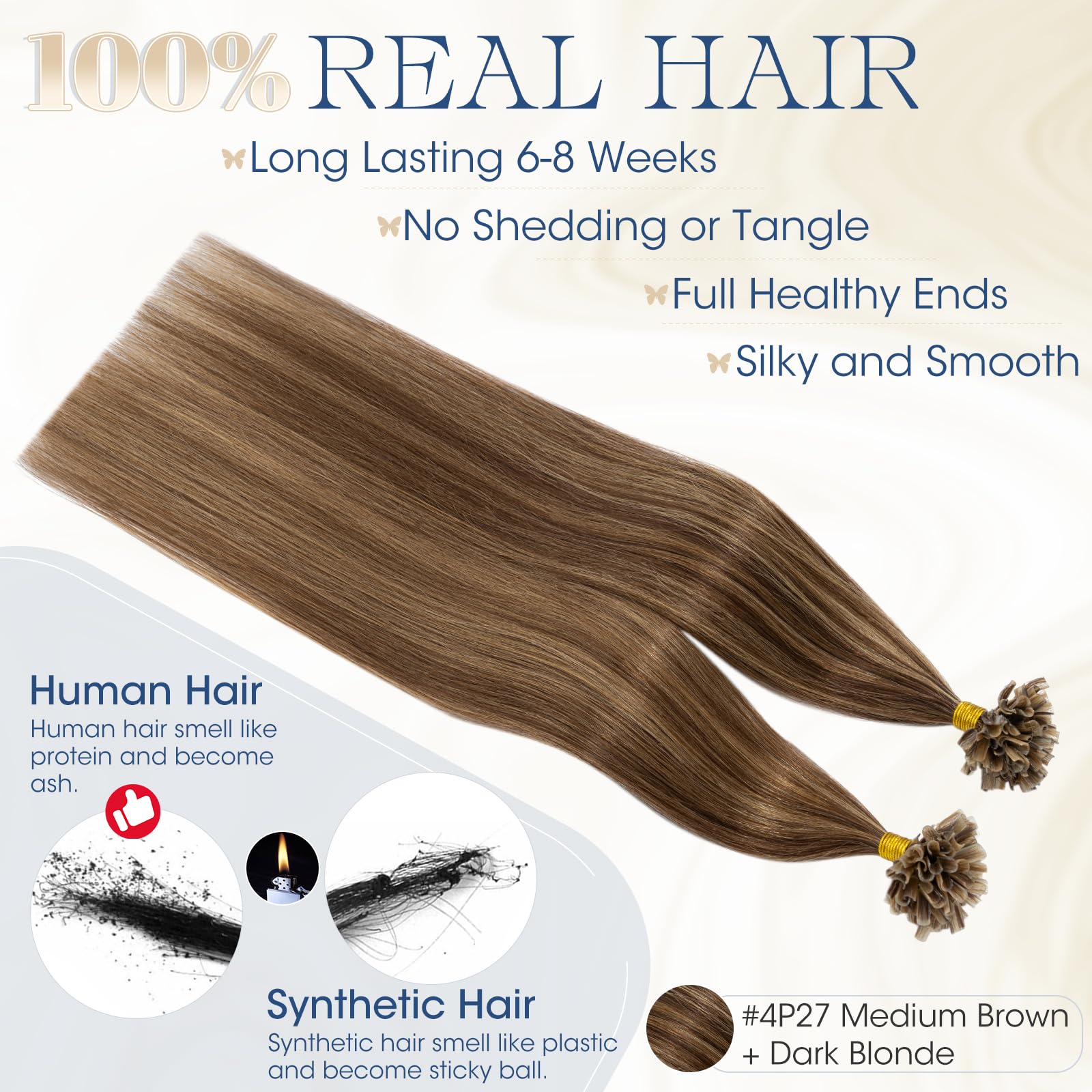 Elailite Extension Capelli Veri Cheratina Lunga Durata 100 Ciocche Meches 100% Remy Human Hair Balayage U Tip Nail Naturali Lisci 40cm 50g #4/#27 Marrone Cioccolato/Biondo Scuro