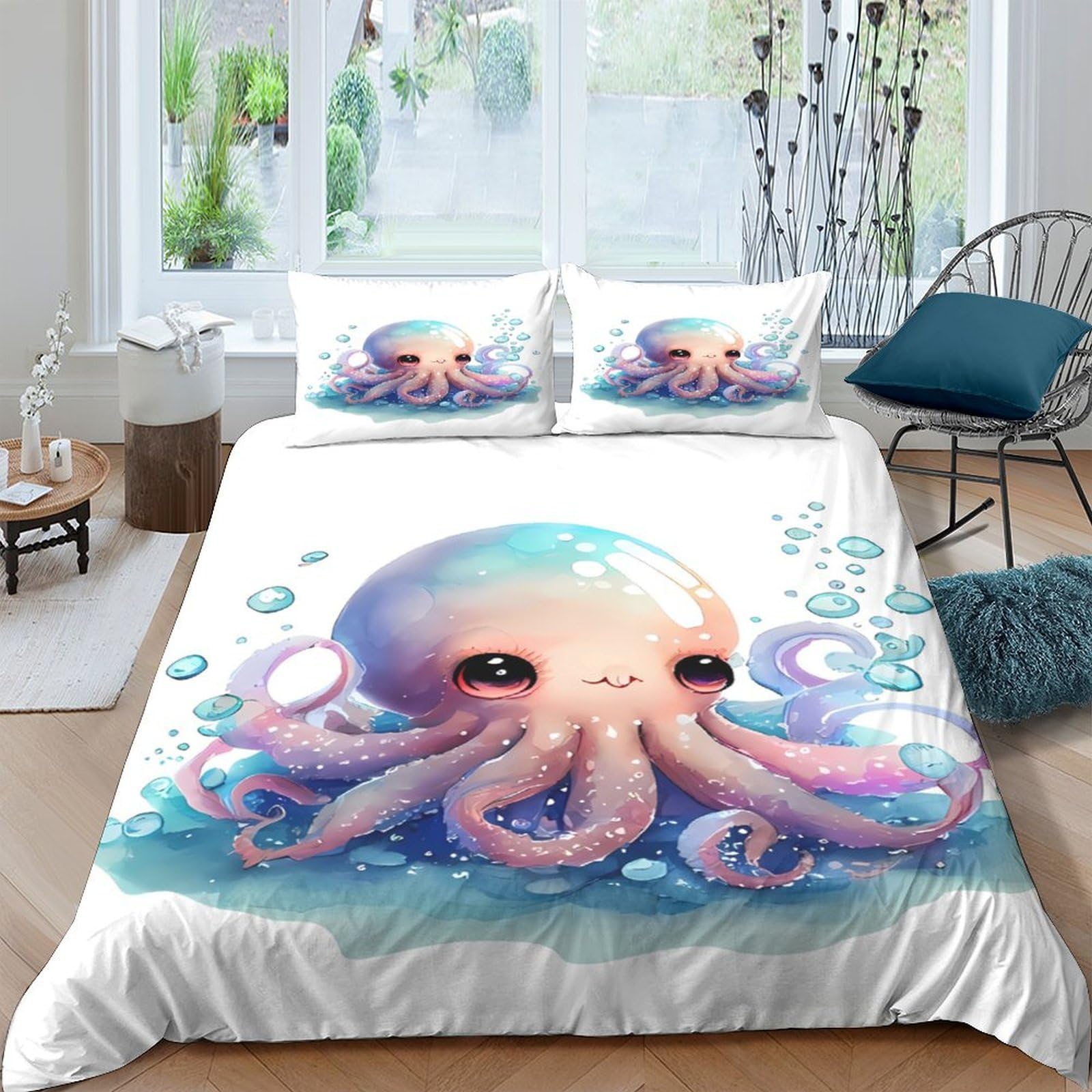 Ctjqhvkz Style-4 3D Printed Cute Octopus Fitted Sheet Microfiber Soft Pastel Sea Mattress Cover For Bedroom Decor Dorm Protection Single（135X200cm）