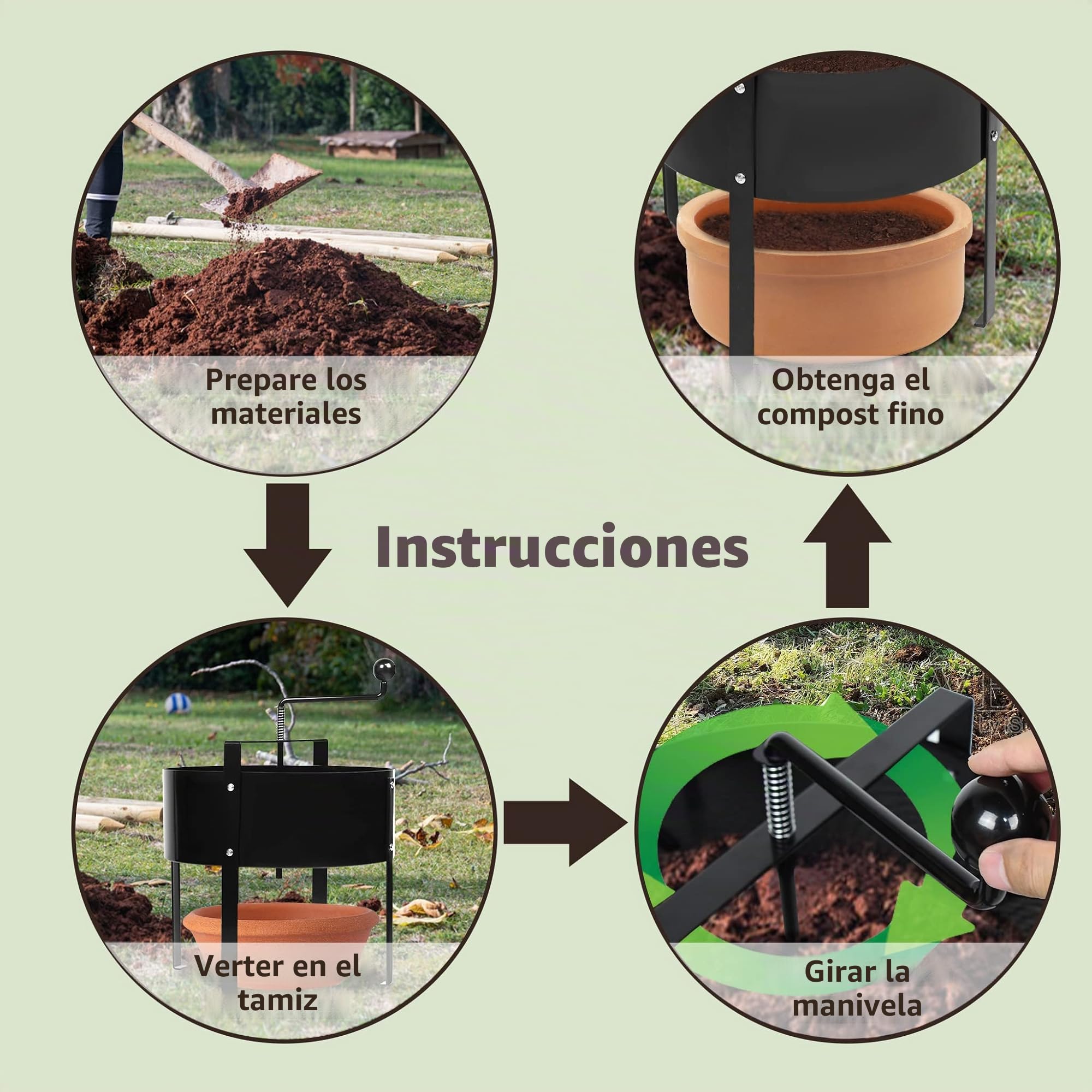 UISEBRT Tamiz para jardín, colador de suelo, colador de manivela, diámetro de 40 cm, colador de metal para tierra, piedras, compost de malas hierbas, arena, negro