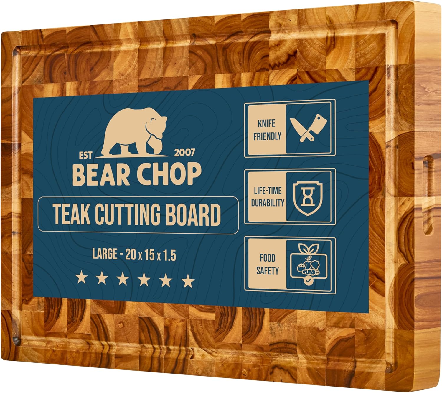 Bearchop Teak Cutting Boards for Kitchen, [20" x 15" x 1.5"] Large End Grain Cutting Boards, Solid Teak Wood Butcher Block Cutting Board with Juice Grooves and Handle, Knife Friendly and Reversible