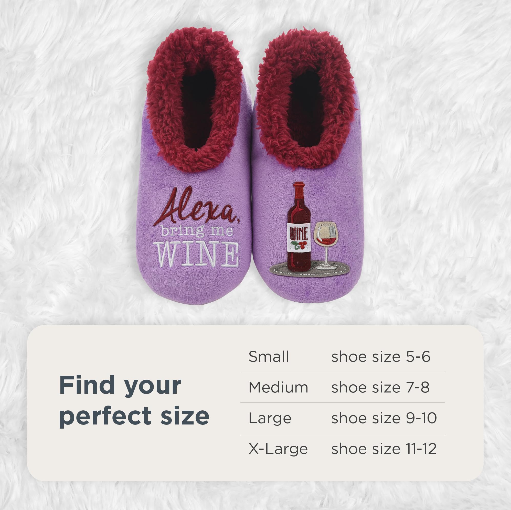 Snoozies Wine Slipper Socks for Women, Funny Wine Gifts and House Slippers Soft Non-Slip, Sherpa Lining, Indoor Cute Slippers - Alexa Bring Me Wine - Large