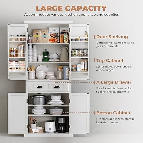 Miniatura 4 de Armario de almacenamiento de despensa de cocina de 72 pulgadas con puertas y estantes, armario de 72 pulgadas de alto independiente de lino, 4