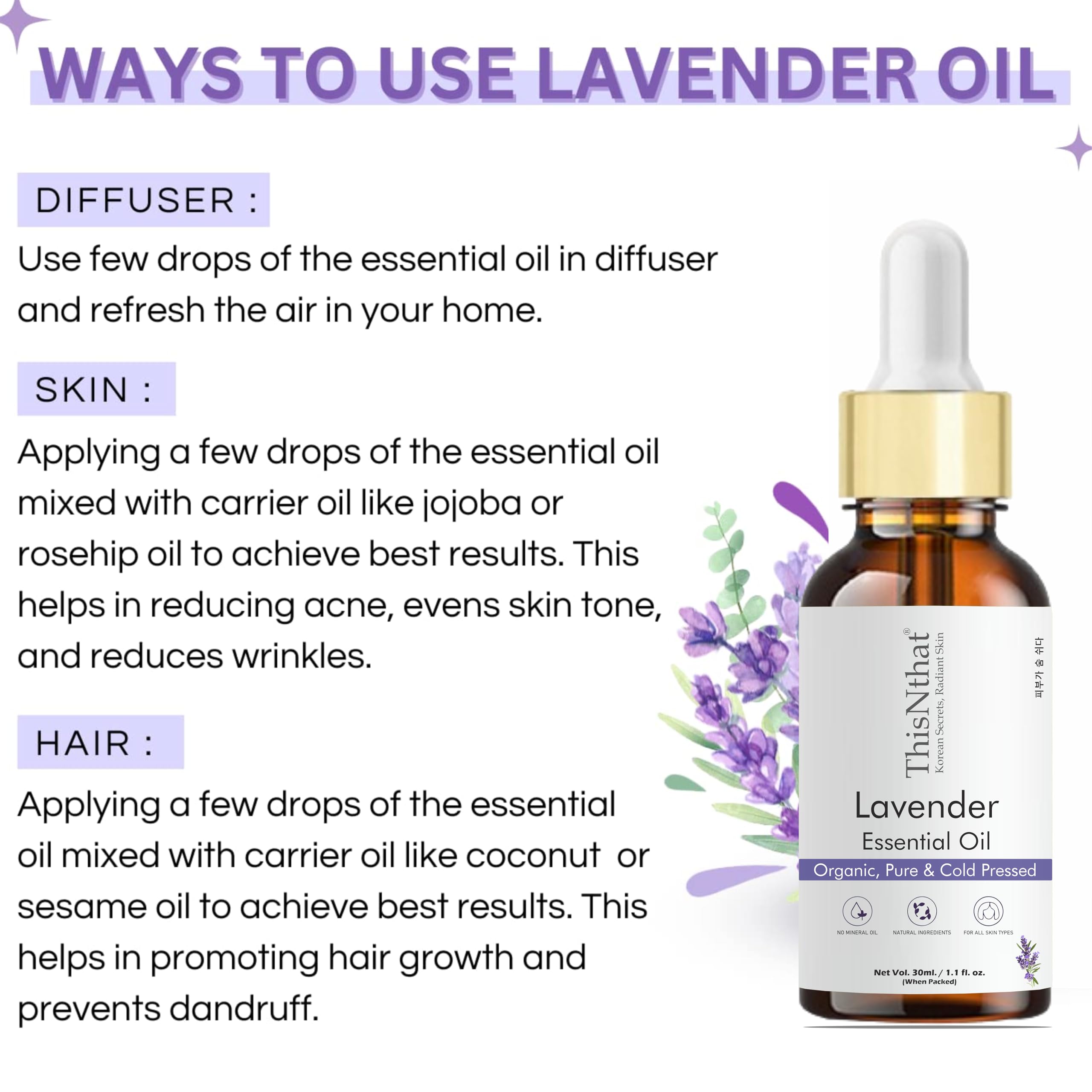 ThisNthat Lavender Essential Oil β 100% Pure & Natural for Hair Growth, Skin Care, Face & Aromatherapy | Calming & Soothing Oil for Men & Women | Multi-Purpose Use (30 ml 1.1 fl oz) 1