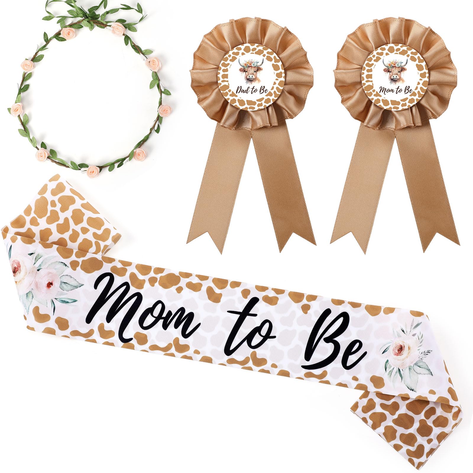 Xinnun 4 Pieces Highland Cow Mom to Be Sash Set Cow Baby Shower Decorations Mom and Dad to Be Corsage Pin with Sage Green Leaf Flower Crown Headband