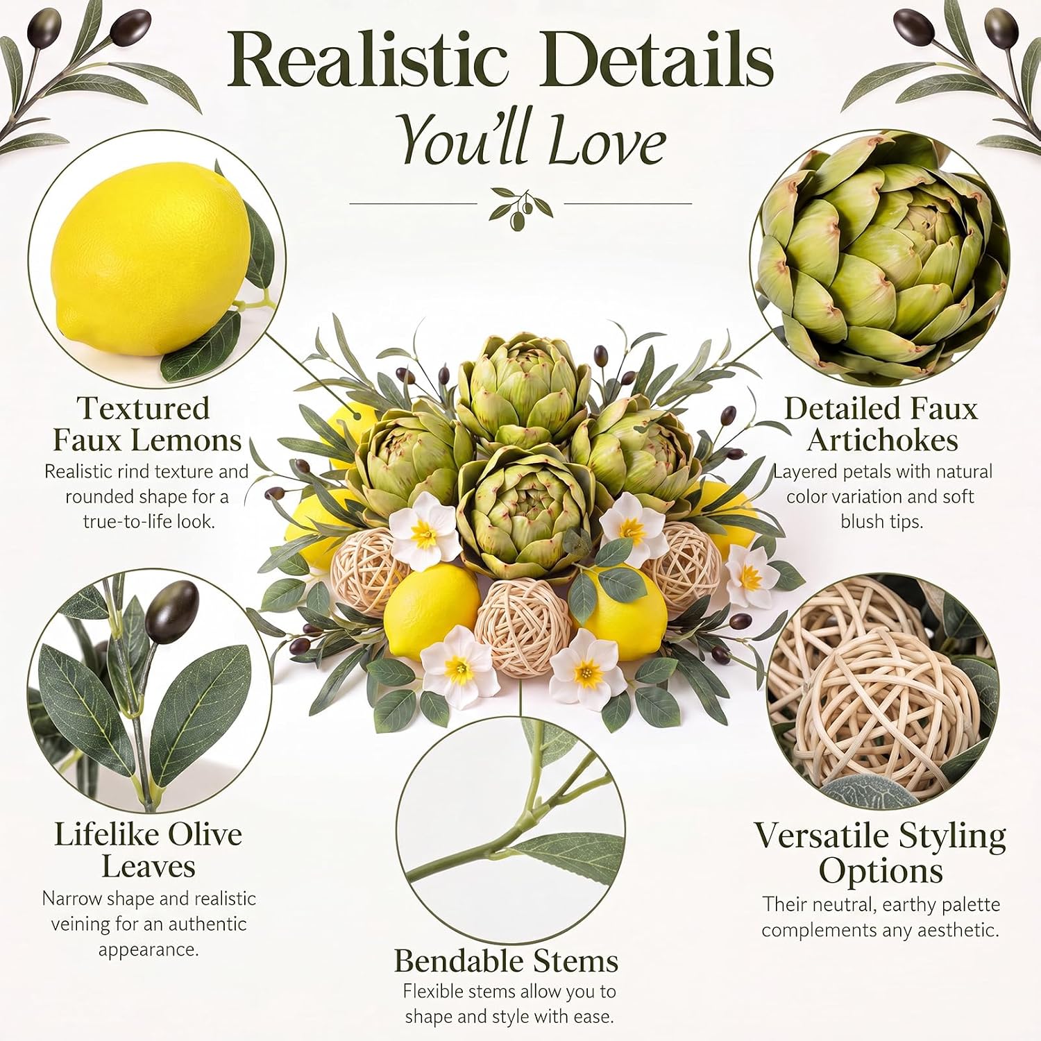 Timgle 23 Pcs Artificial Artichoke Lemon Decor Set for Decoration Bowl
