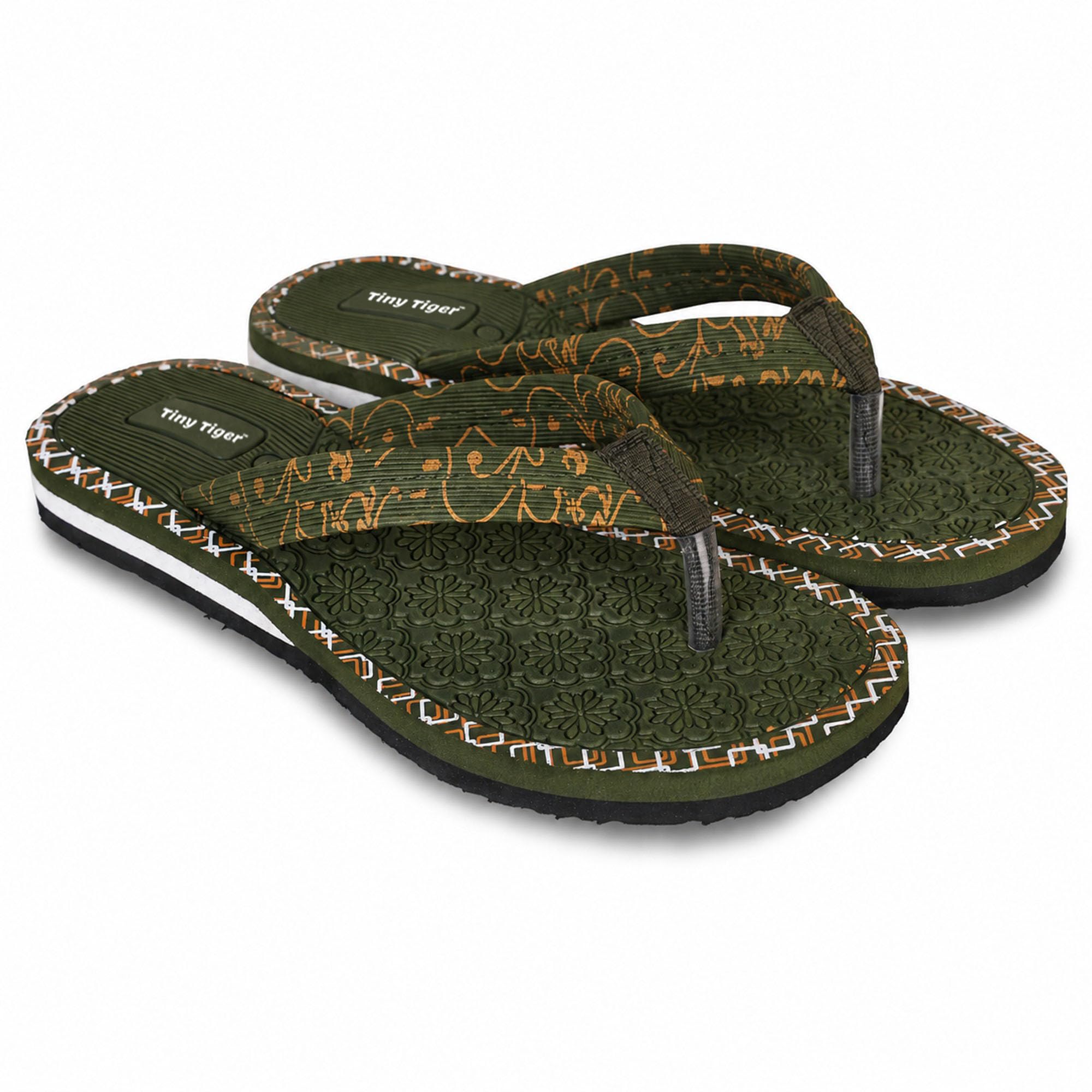 Women's Olive Green Printed Flip Flops | Floral Textured Thong Slippers for Casual, Ethnic, Daily Wear & Outdoor Use Size 5-image-40
