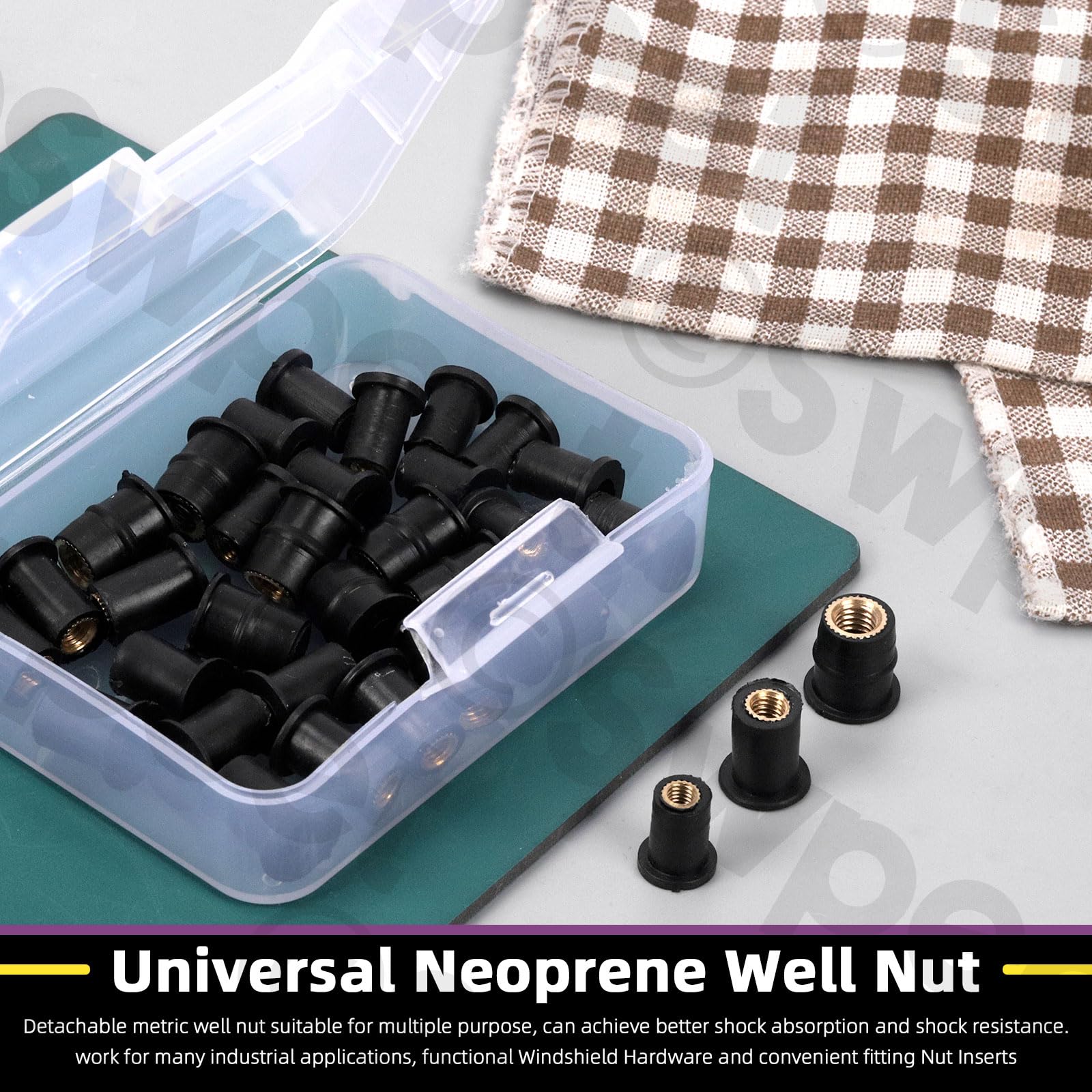Swpeet Set di 37 Dadi M4 M5 M6 in Gomma Nera Ondulata per Parabrezza, Fissaggio, Rivestimento Moto e Neoprene - Espansione in Ottone per Canoa