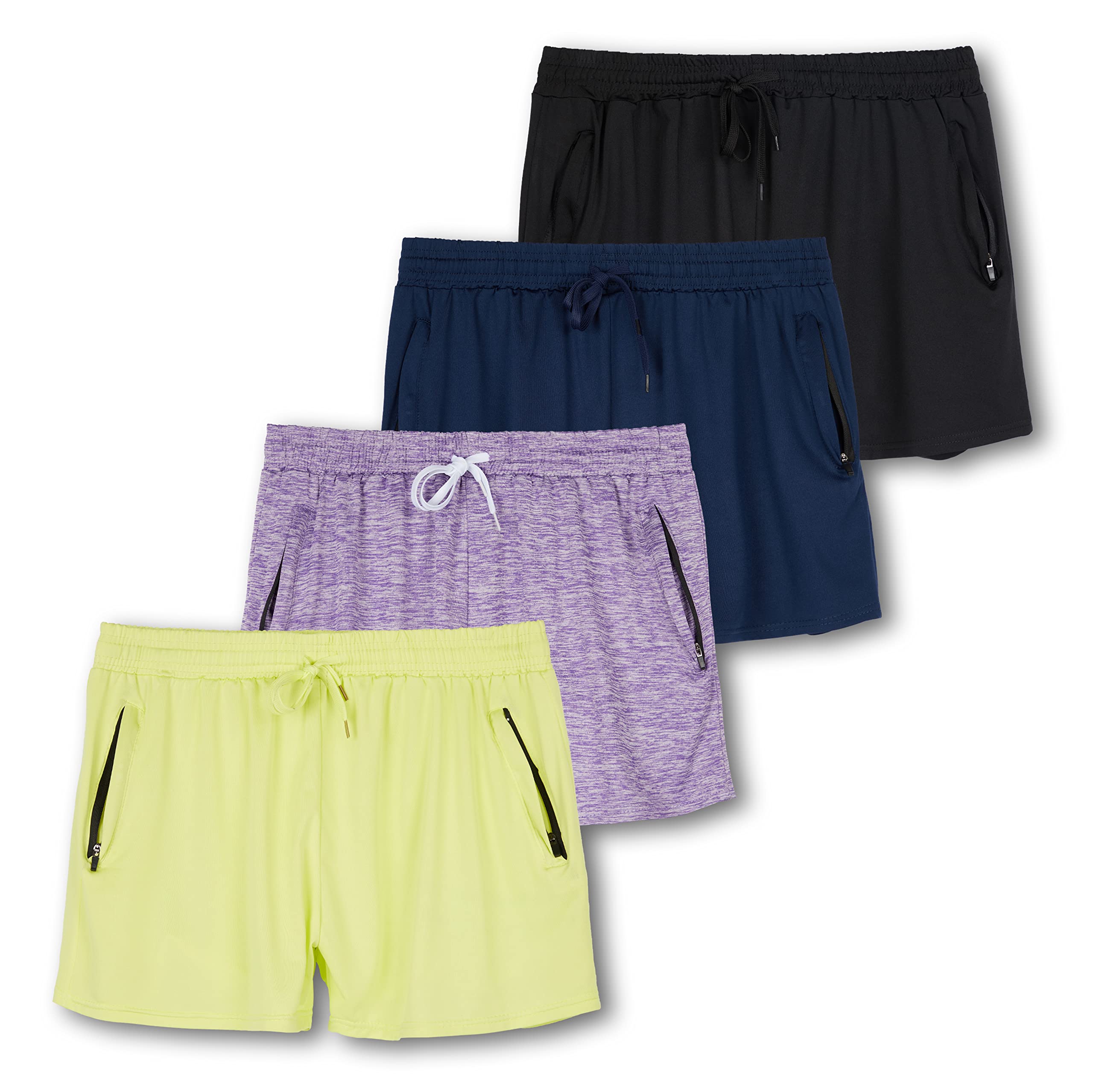 Real Essentials 4 Pack: Womens Active Athletic Performance Dry-Fit Shorts with Zipper Pockets (Available in Plus Size)
