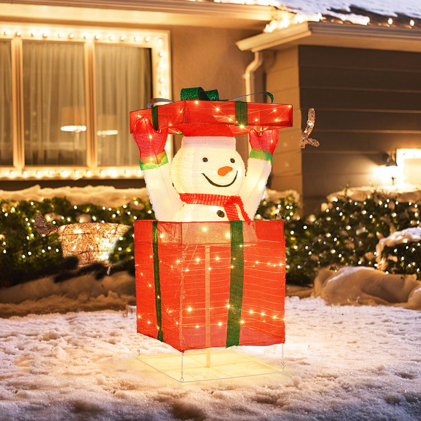 COSTWAY LED Schneemann in Geschenkbox, 115 cm beleuchtete Weihnachtsdeko mit 100 warmweißen LED-Lichtern, Weihnachtsfigur Outdoor XXL, Weihnachtsbeleuchtung für innen & außen