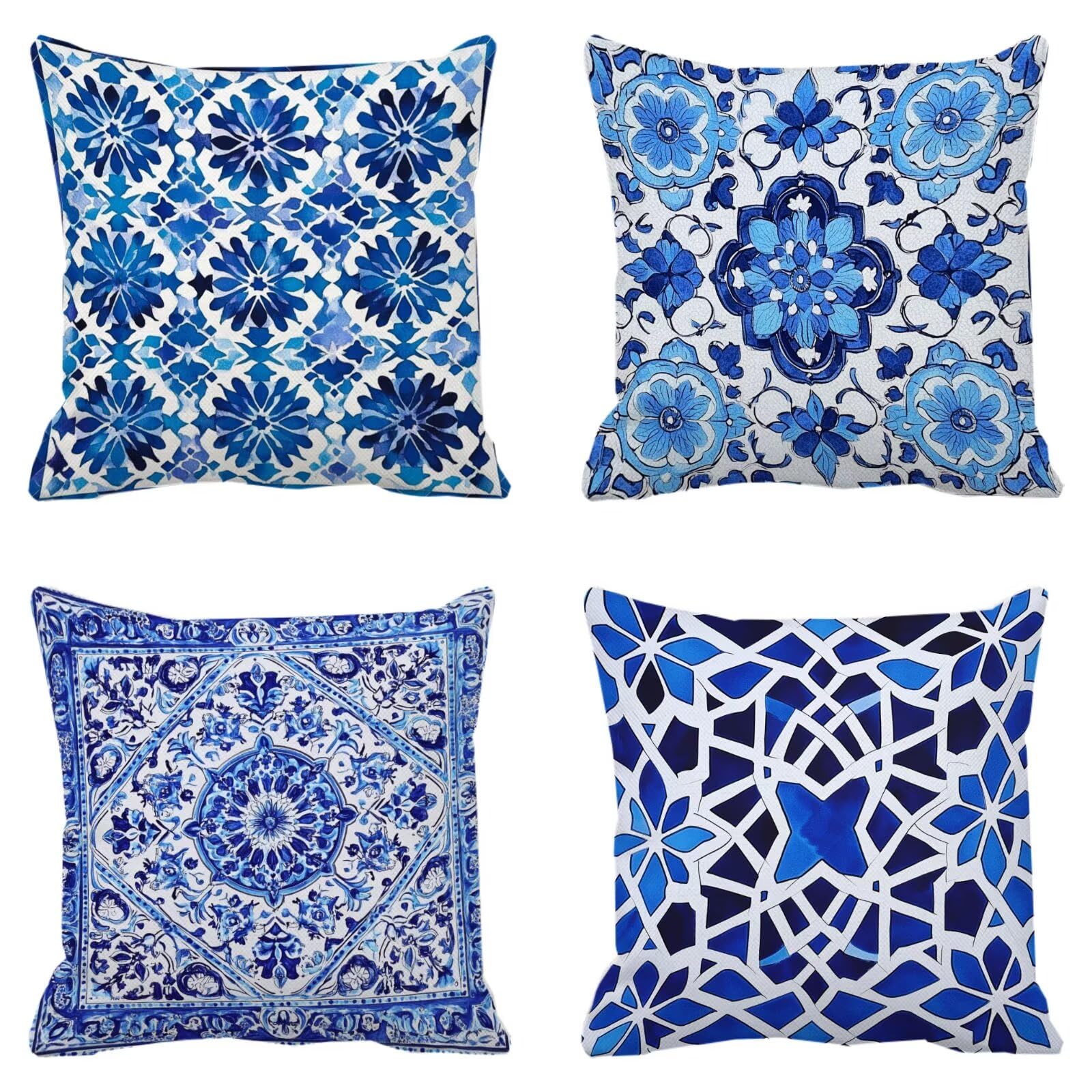 Housse coussin lin bleu fleurs 35x35cm avec fermeture éclair invisible haute finition