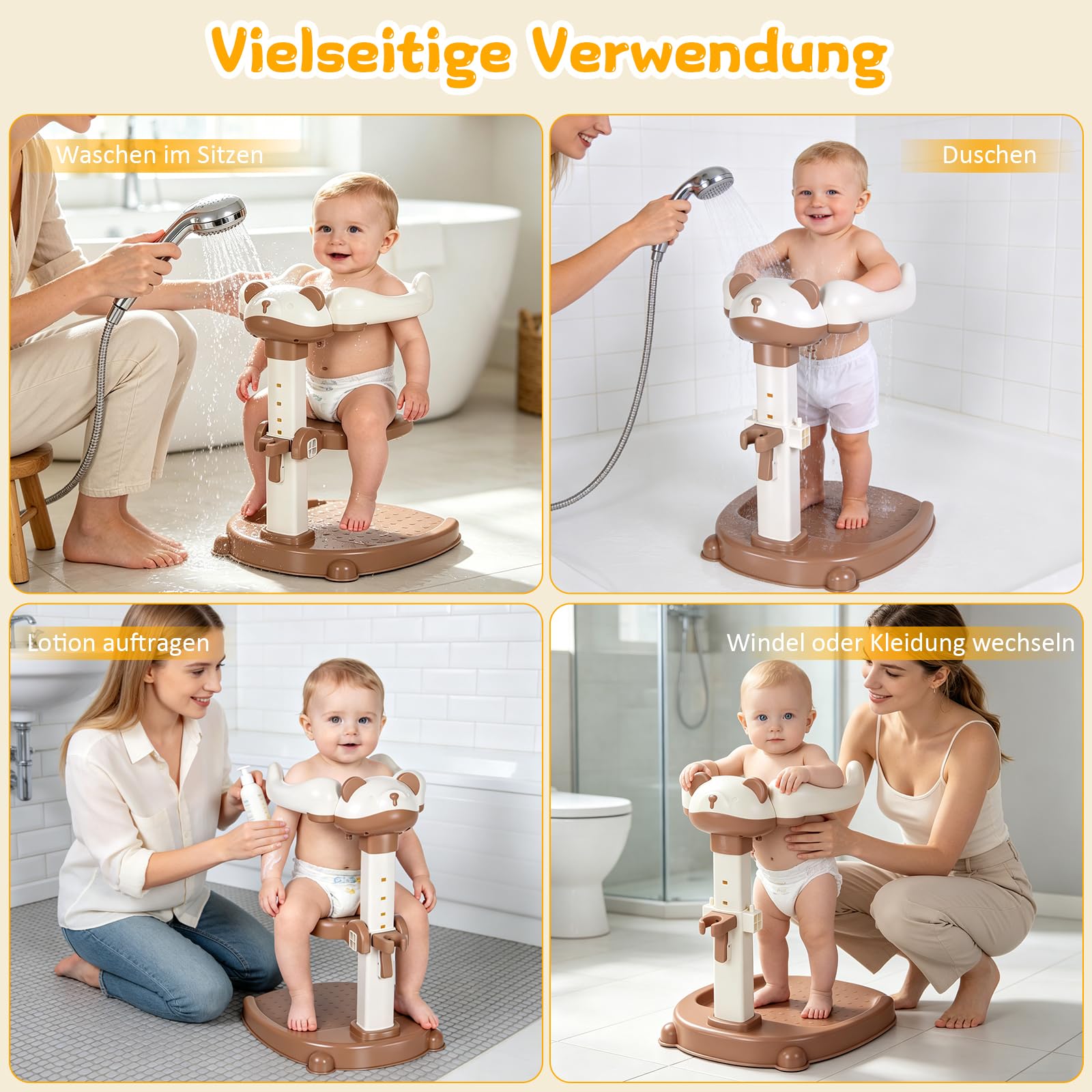 Baby Dusche Ständer Einstellbarer Baby Shower Stand Support mit AntiRutsch-Basis, Anehmbarem Sitz, Duschständer Kind, Anstelle eines Badewannensitzes baby zum Baden, Windelwechseln (Braun)