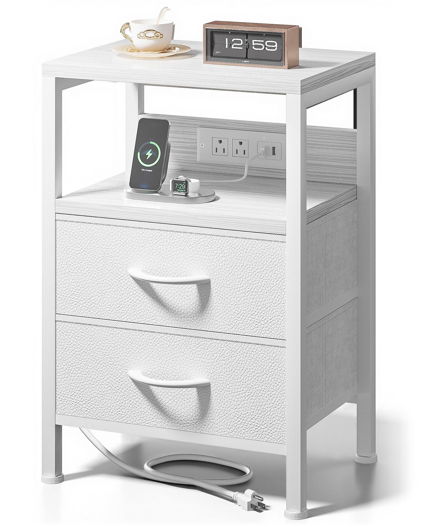 Lazzanto Night Stand with Charger Station for Bedroom, White