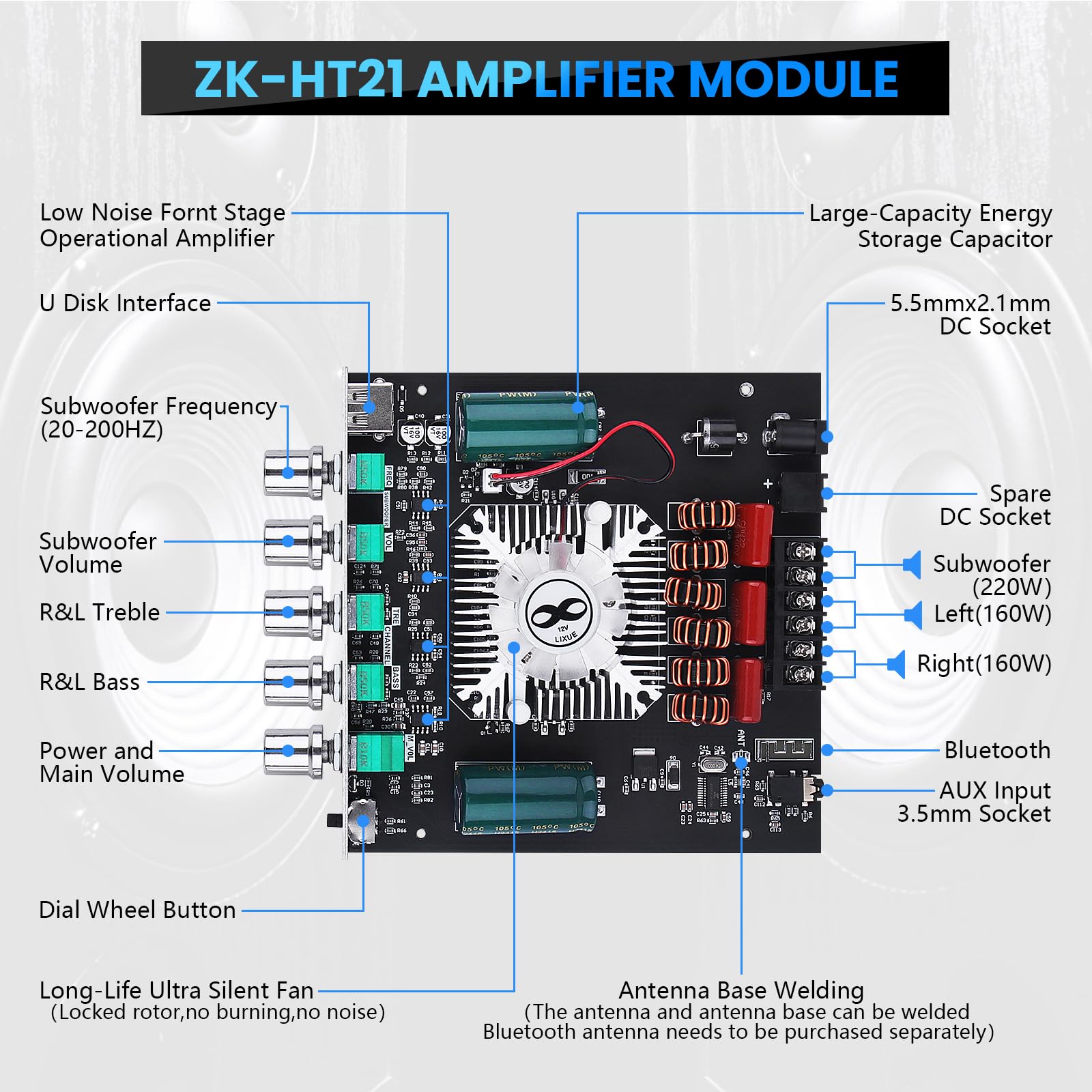 Placa amplificadora Bluetooth, ZK-HT21 2.1 canais 160W x 2+220W