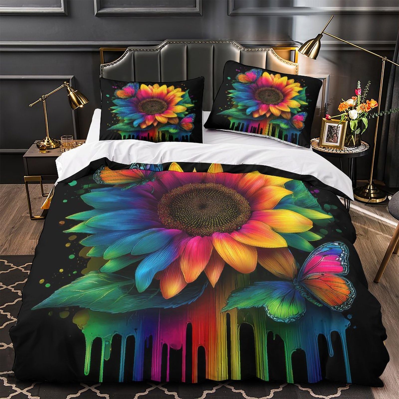 Housse de couette fleur arc-en-ciel 3D Super King microfibre de prestige
