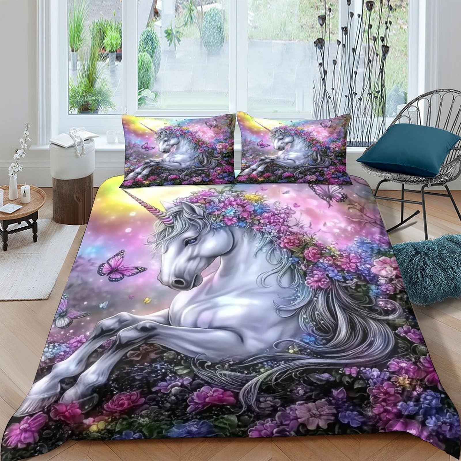 Ctjqhvkz Style-3 3D Printed Unicorn Fantasy Fitted Sheet Microfiber Soft Pastel Floral Dream Mattress Cover For Bedroom Decor Single（135X200cm）