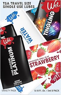 Wet On The Go Variety Pack Personal Lubricant | Ultra-Smooth Silicone, Water-Based, Tingling Sensation & Strawberry Flavored | Single-Use Travel Sachets for Men, Women & Couples | 3mL, 8 Count