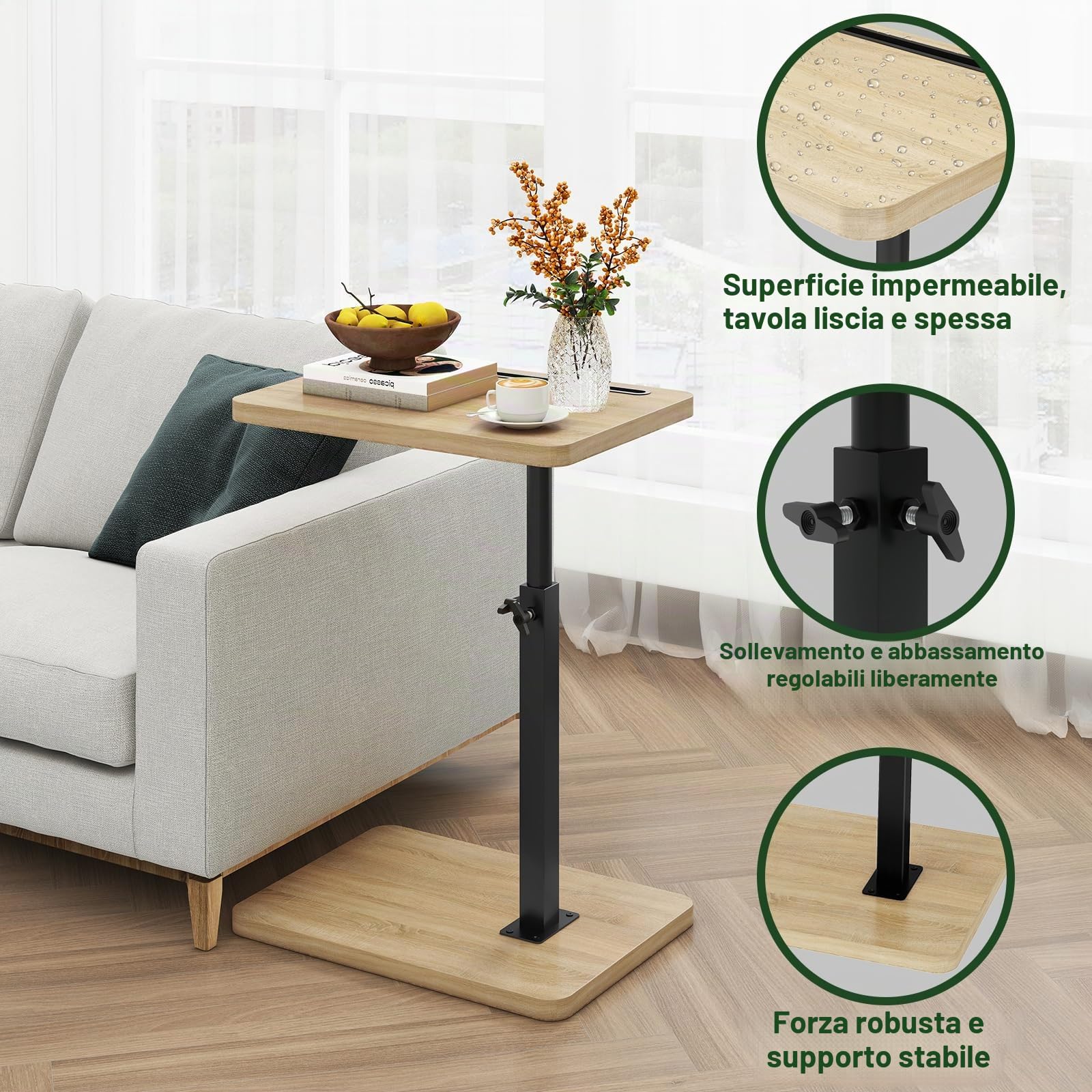 IBUYKE Tavolino a forma di C, girevole a 360° e regolabile in altezza, tavolino da caffè per spazi stretti, con slot per telefono e tablet, per soggiorno, camera da letto, naturale, TVT003R
