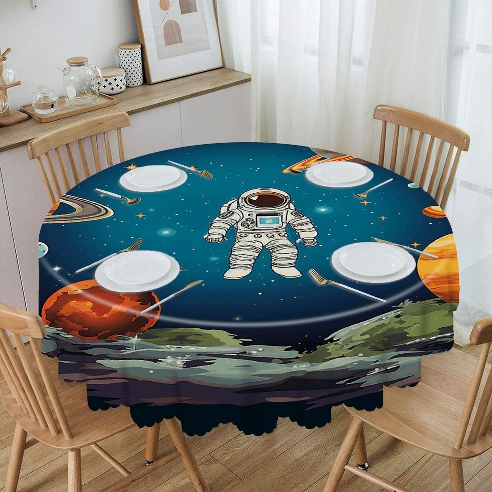 FekiLoot Outer Space Rocket Astronaut Round Tablecloths 60 Inch Resistant Washable Polyester Table Cloth Style Decorative Circle Fabric Table Cover for Dining Kitchen Party Farmhouse Outdoor