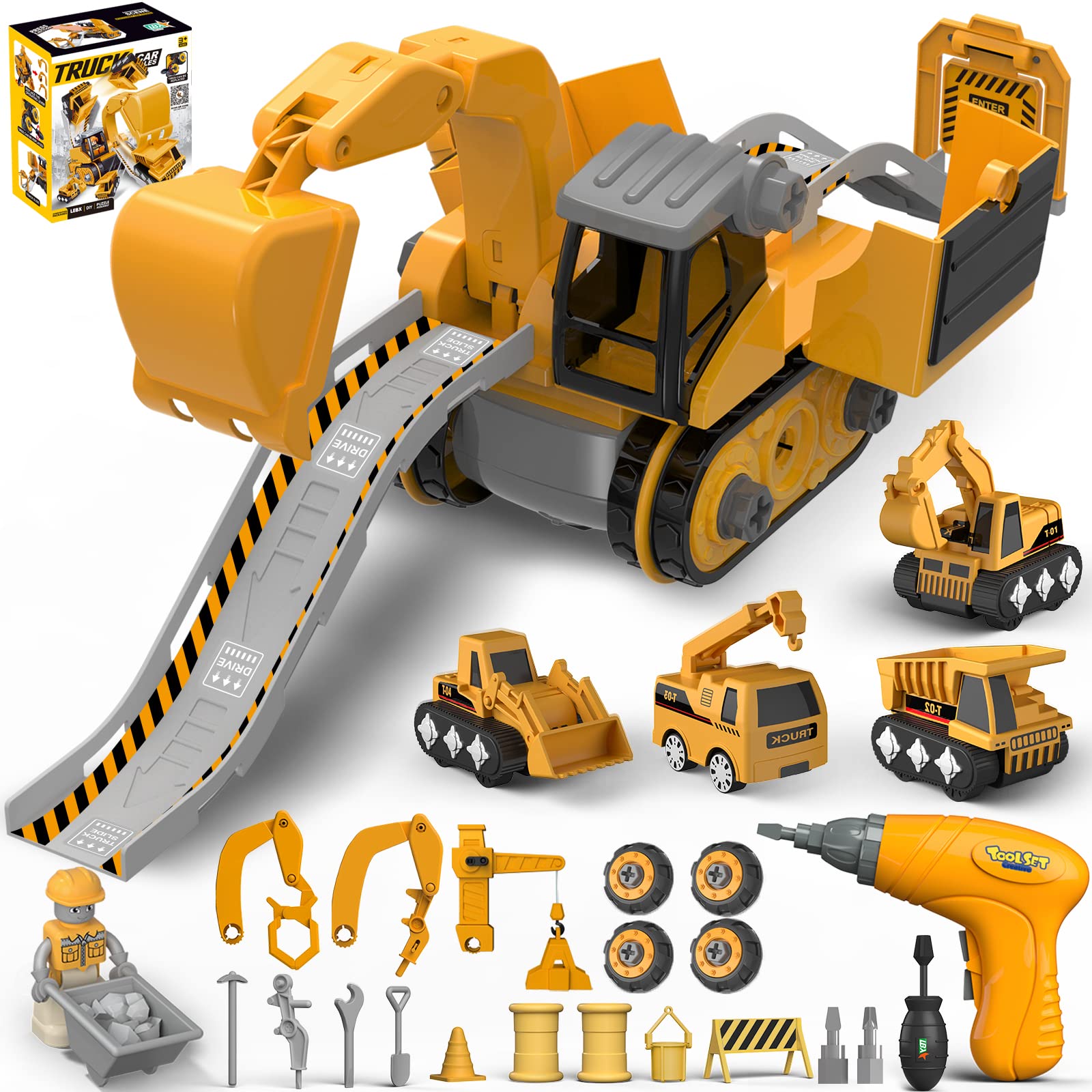 JIFTOK Constrcution Truck Toy Car for 3 4 5 6 7 8 Year Old Boys, Take Apart Toys with Electric Drill, Building Toy Playset with Excavator Toy, Tractor Toy for Kid 3-5 4-8 Christmas Birthday Gifts