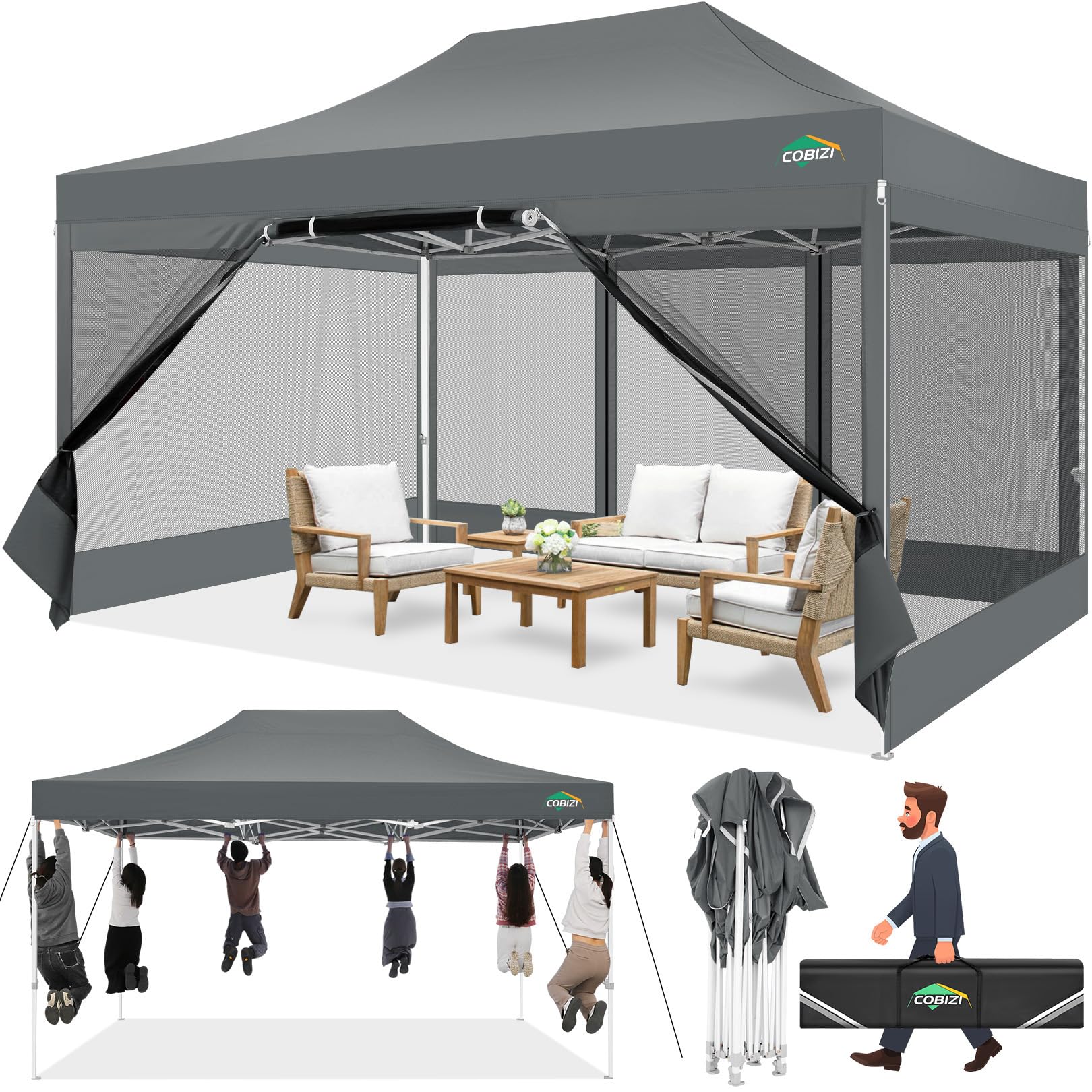 COBIZI 10x15 Heavy Duty Pop up Canopy with 4 Sidewalls, Canopy Tent with Mosquito Netting, Easy up Screen Party Tents for Parties Wedding Patio