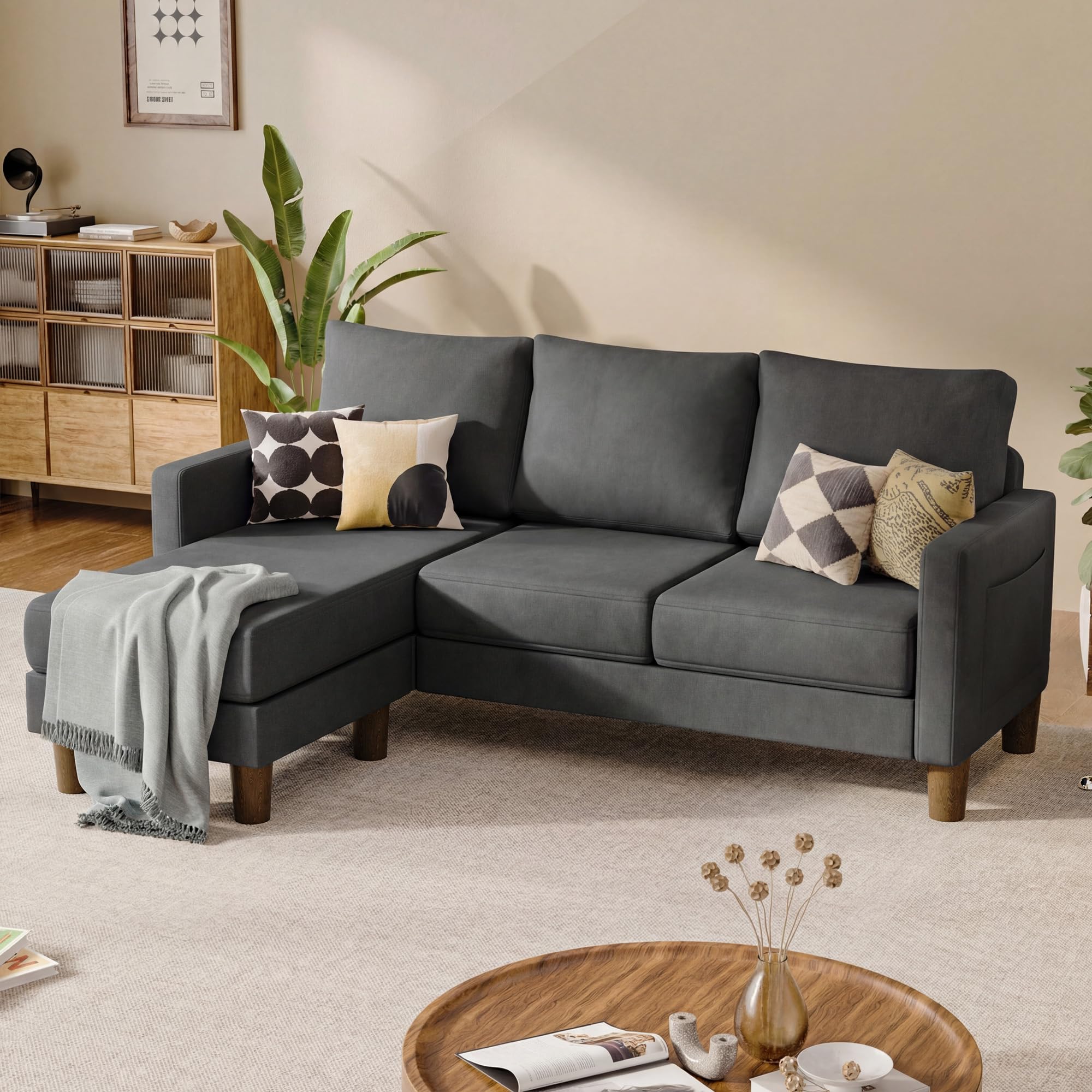 JUMMICO L Shape Sectional Sofa Couch, 3 Seat Convertible Sofa with Movable Ottoman and Side Storage Pockage, Modern Sofa Small Couches for Living Room