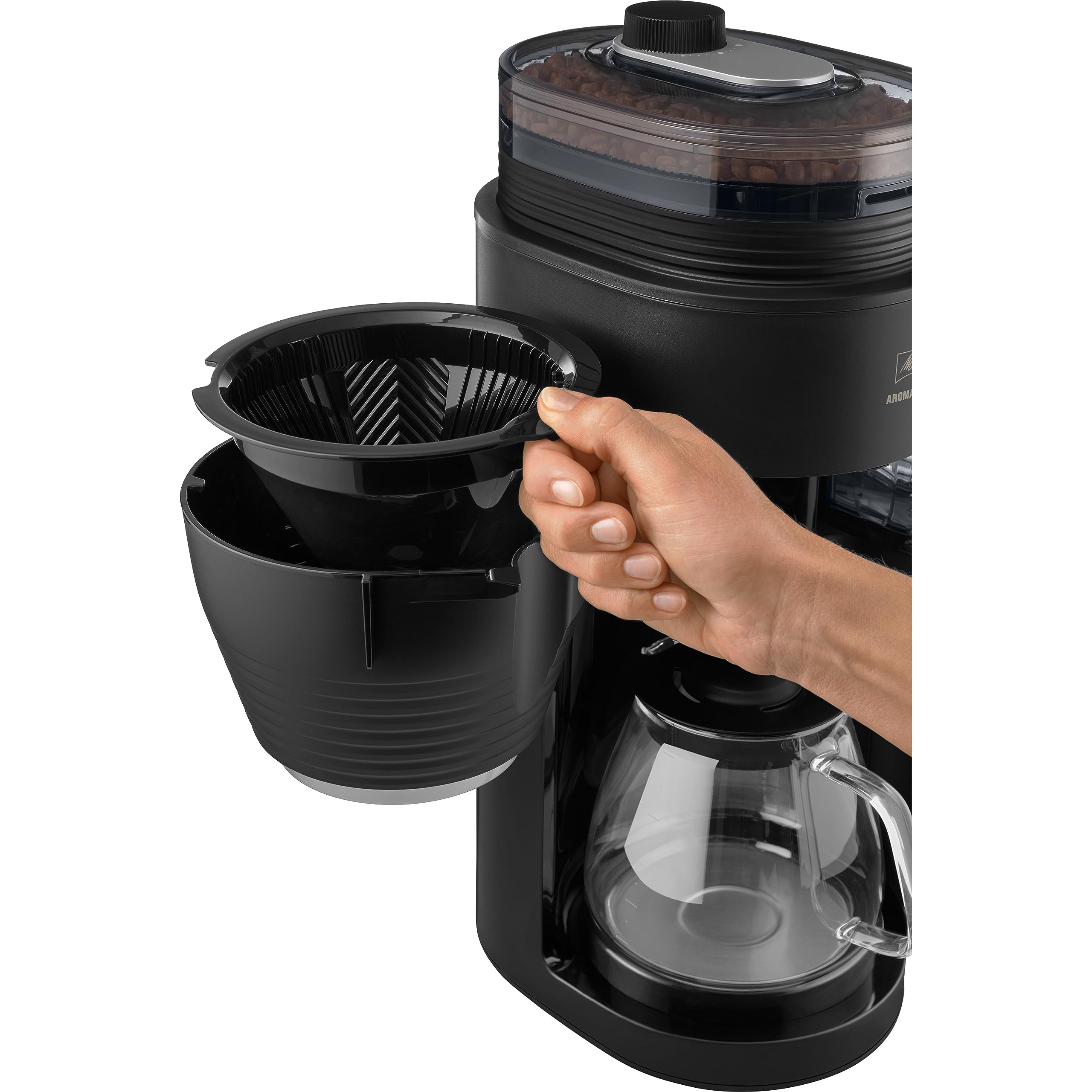 Melitta AromaFresh Pro X - Macchina da caffè con macina, macchina da caffè con filtro con caraffa in vetro e serbatoio dell'acqua rimovibile, per un massimo di 10 tazze di caffè, nero/argento