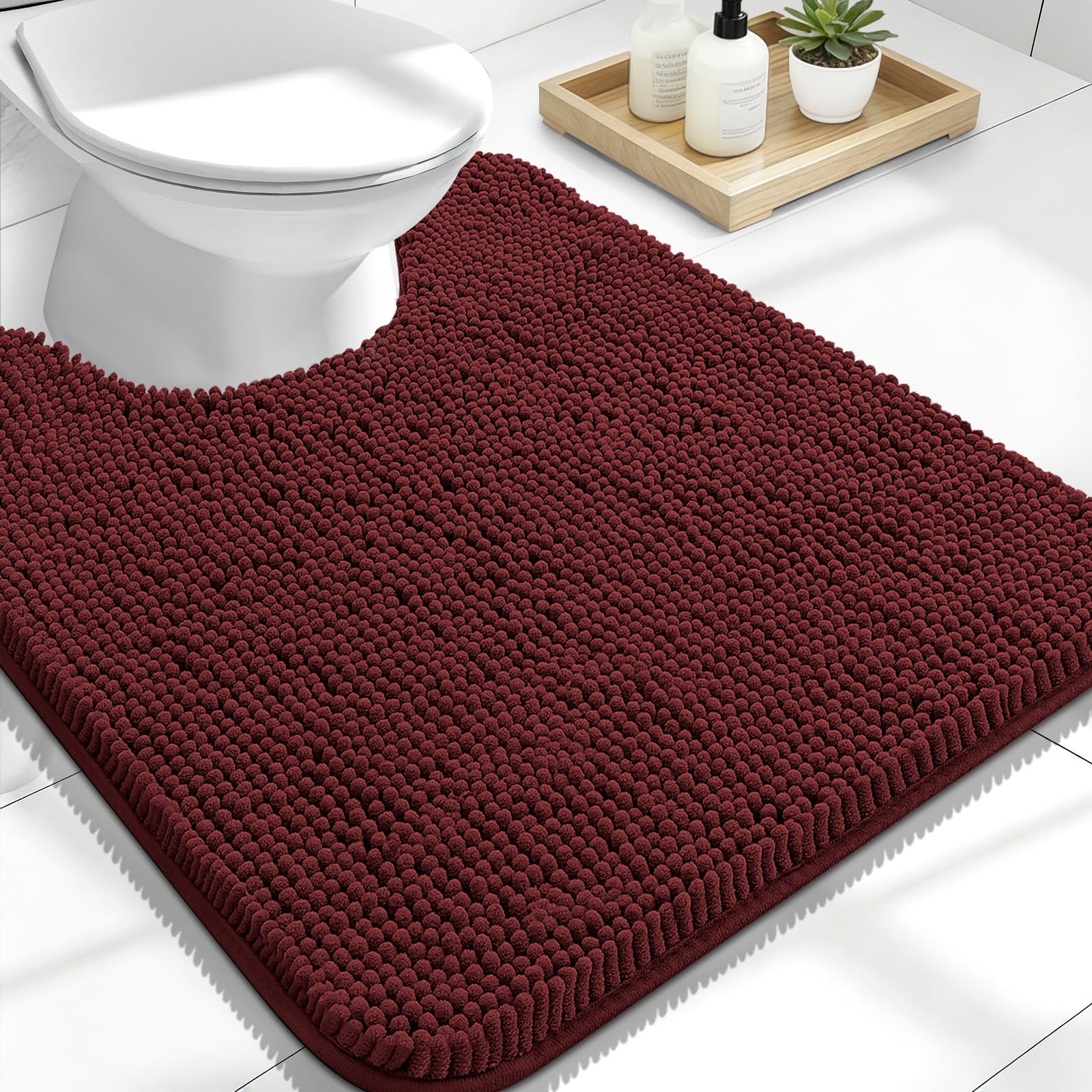 OLANLY Toilet Rugs U-Shaped 24x20, Soft Absorbent Chenille Contour Rugs | Andorra Red-Brown, Quick-Drying Rubber Backing, Washable Non-Slip Shaggy Bathroom Mat for Toilet, Home Decor Accessories