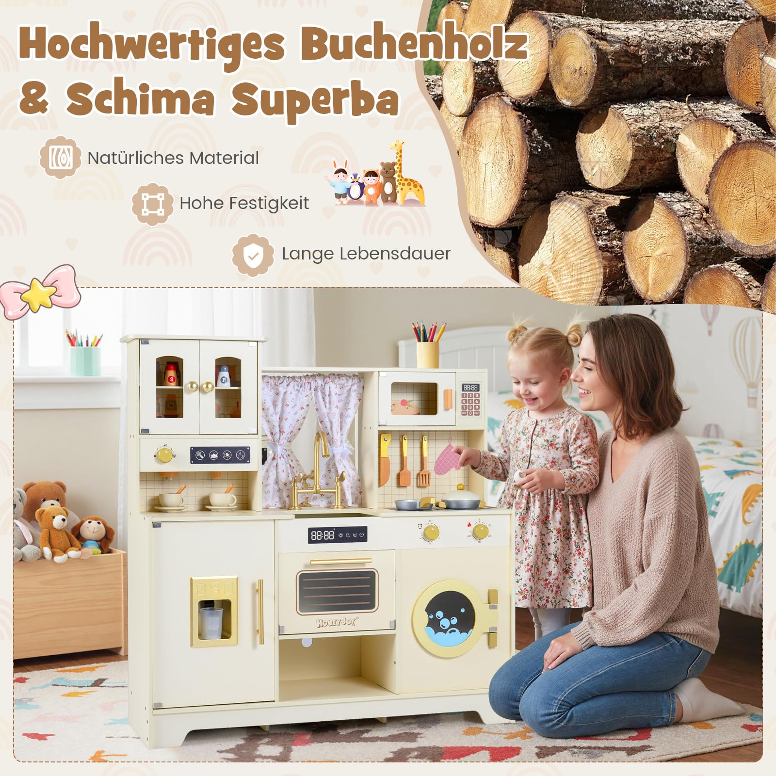COSTWAY Drewniana kuchnia dziecięca, kuchnia do zabawy z kuchenką, kranem, zlewem i szafką, kuchnia zabawkowa z piekarnikiem, ekspresem do kawy, mikrofalówką, w zestawie 14 akcesoriów, dla dzieci od 3