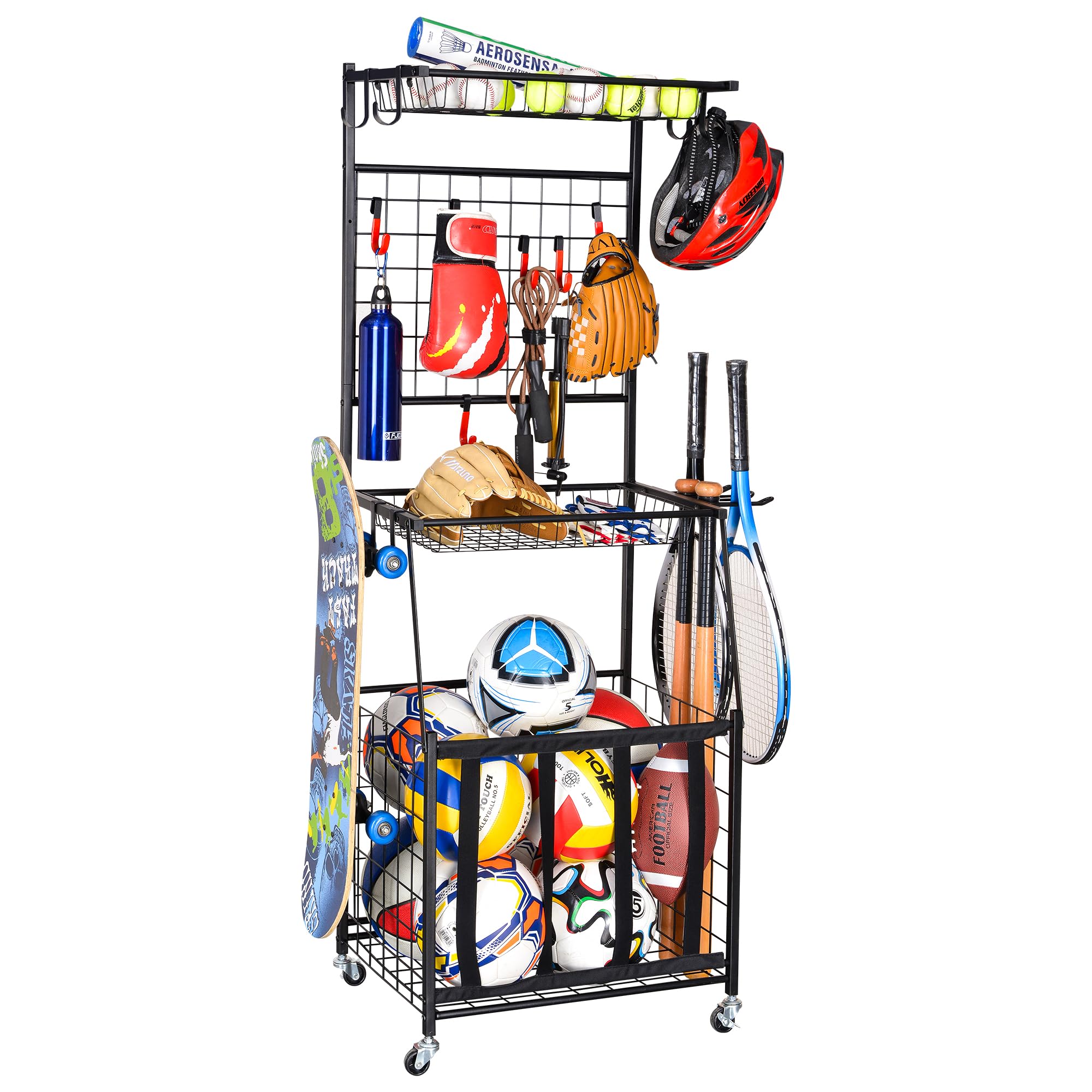 PLKOW Sports Equipment Storage for Garage, Indoor/Outdoor Sports Rack for Garage, Ball Storage Garage Organizer with Basket and Hooks,Toy/Sports Gear