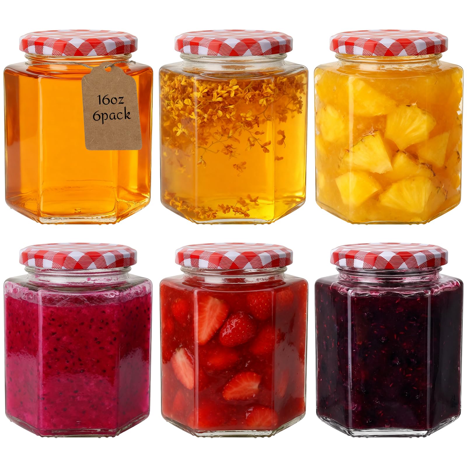 Confezione da 6 barattoli esagonali in vetro da 450 ml, con coperchio ermetico, bocca larga, barattoli per conserve, sottaceti, candele e artigianato fatti in casa