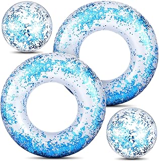 4 Pieces Inflatable Glitter Pool Float Tube Confetti Swim Ring and Glitter Beach Ball Confetti Inflatable Beach Ball, Glitter Beach Swimming Ring for Adult Teens Summer Beach, Pool Favor (Blue)