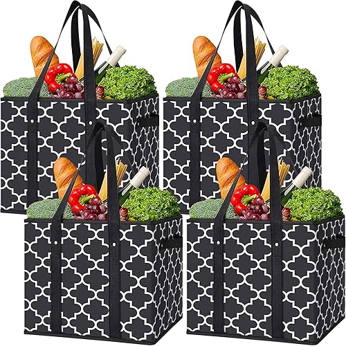 WISELIFE Bolsas de comestibles reutilizables paquete de 4 unidades plegables lavables grandes resistentes al agua bolsa de compras color negro