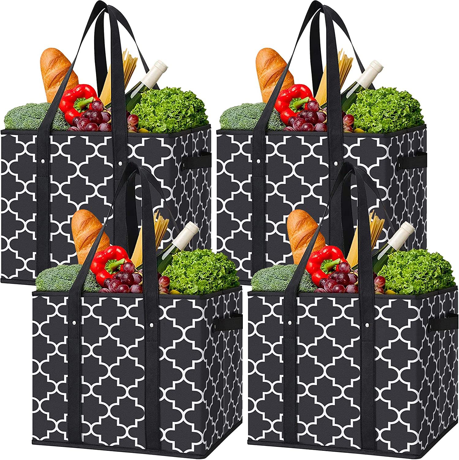 WISELIFE Reusable Grocery Bags 4-Pack Foldable Washable Large Storage Bins Basket Water Resistant Shopping Tote Bag Black