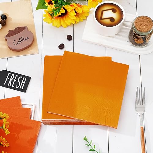 Miniatura 3 de Whaline Paquete de 150 servilletas de color naranja de otoño de 6.5 x 6.5 pulgadas, 3 colores desechables de papel con temática naranja, servilletas