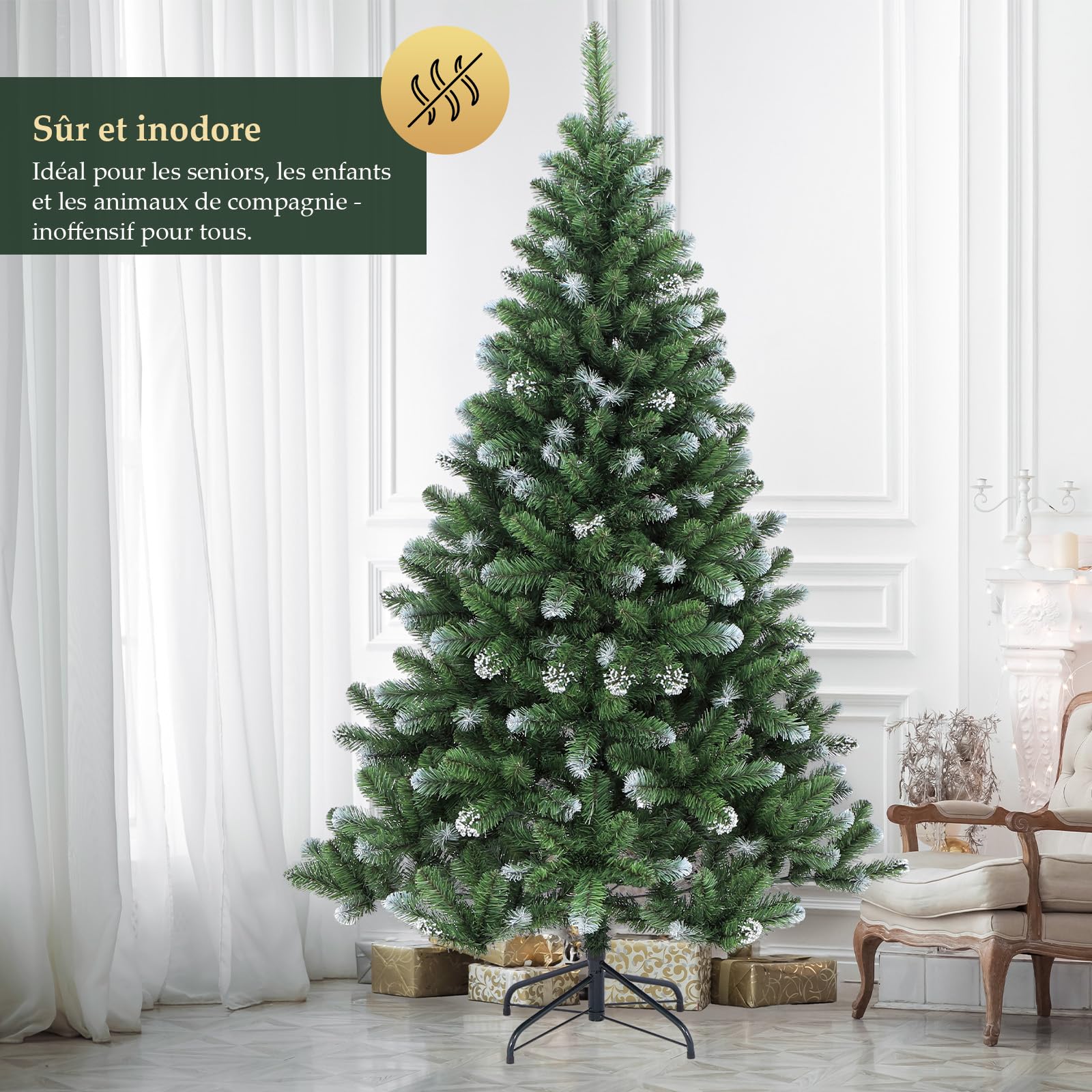 SALCAR Sapin de Noël Artificiel 210 cm, Robuste avec Tronc en Métal, Branches en PVC Décorées de Neige, Résistant et Durable