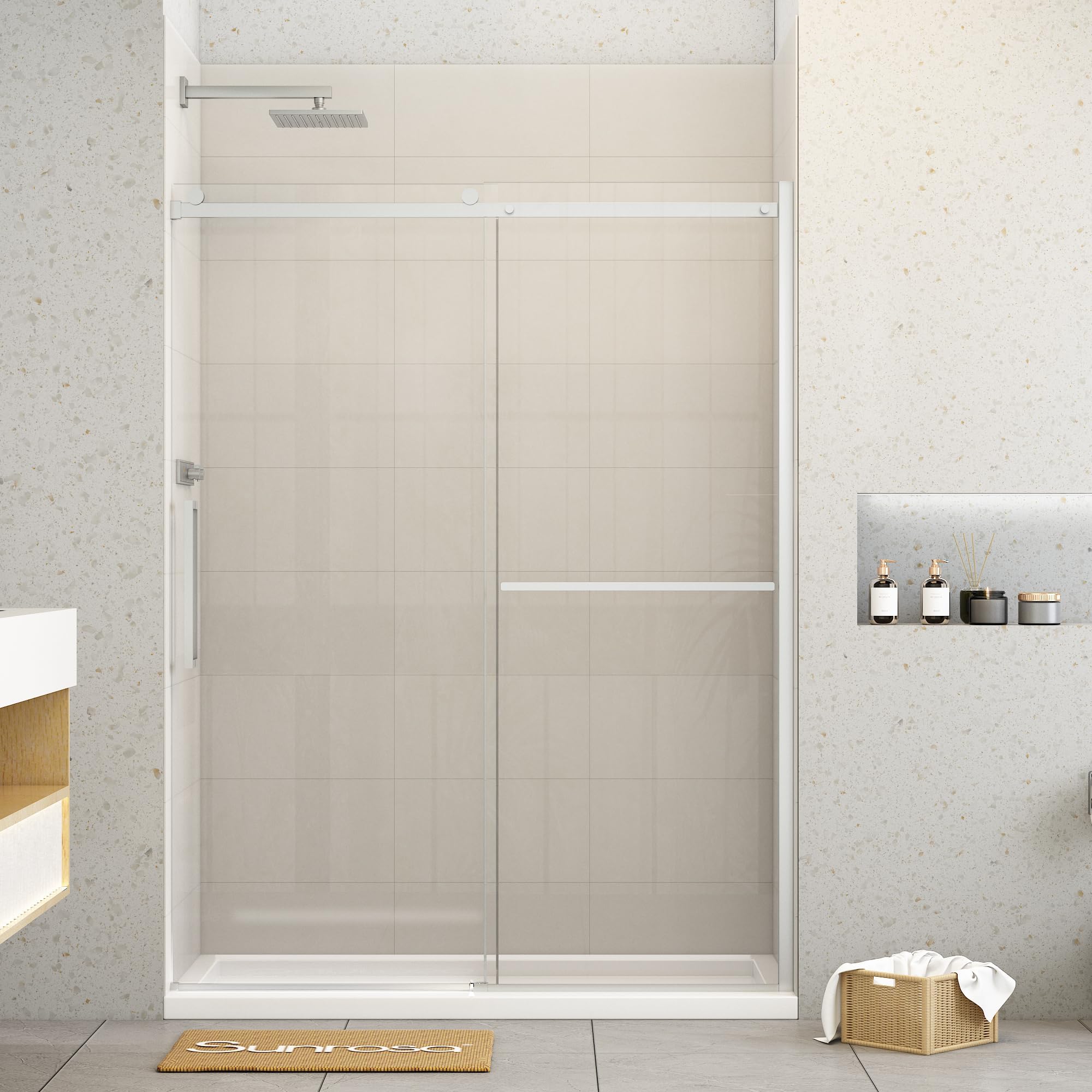 Sunrosa Shower Doors 60"×76", Single Sliding Shower Doors, Shower Door with Tempered Glass, Shower Glass Door in Chrome
