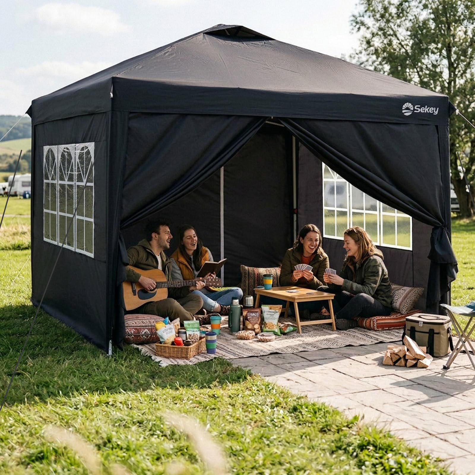 Sekey Tonnelle Pop-up 3 x 3 m, étanche, Stable, résistante à l'hiver, Pliable, 3 x 3 m, avec parois latérales, Hauteur réglable en 3 Niveaux (Noir, 3x3 avec parois latérales)