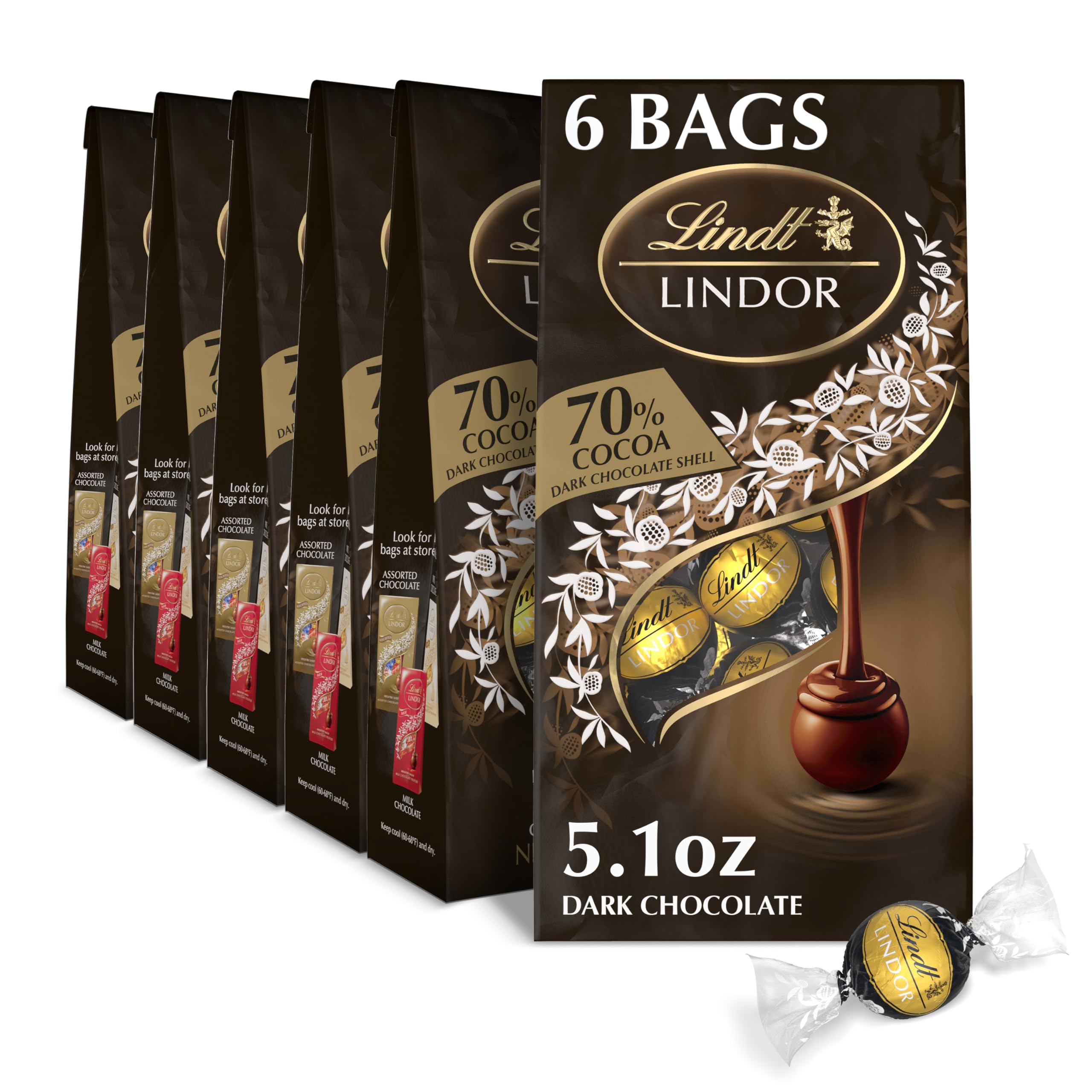 Lindt LINDOR 70% Extra Dark Chocolate Truffles, Dark Chocolate Candy with Smooth, Melting Truffle Center, Great for gift giving, 5.1 Oz Bag (Pack of 6)