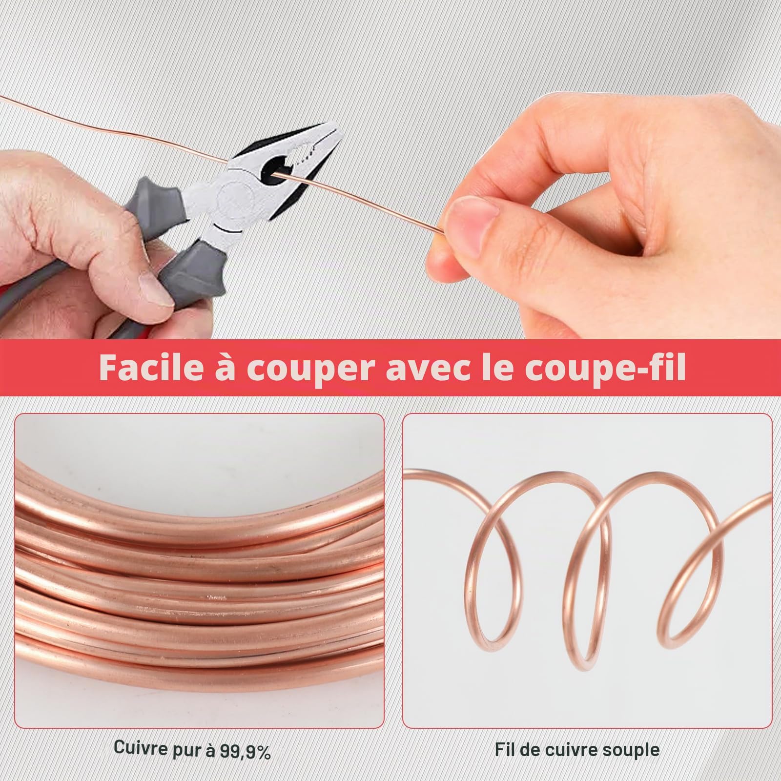 Fil de Cuivre pur - Diamètre 0,5/0,8/1/1,5/2/2,5/3 mm - Fil de cuivre T2 nu- 500g - Pour le jardinage, Câble en cuivre pur pour l'électrotechnique et l'artisanat (3mm-8m)