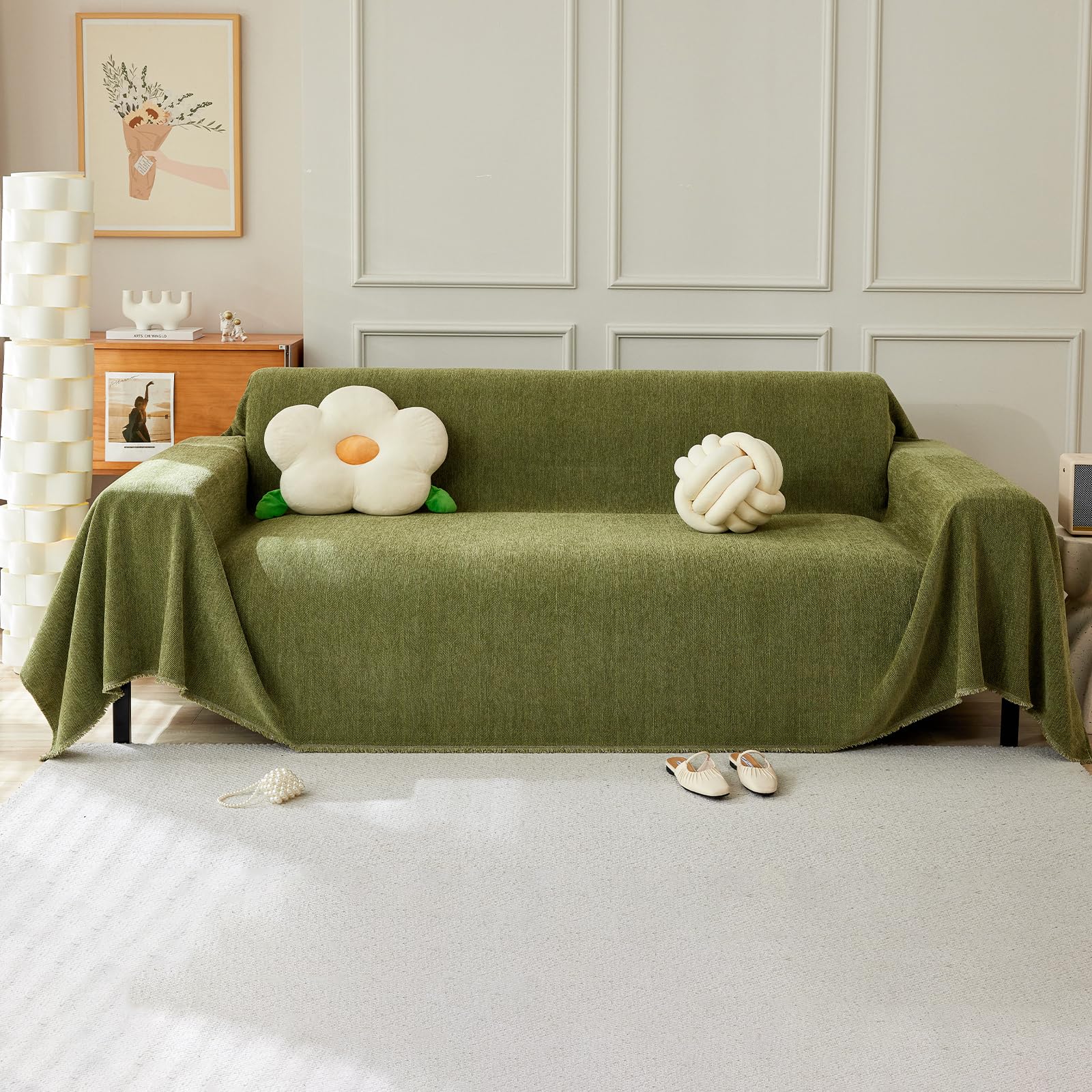 VanderHOME Solid Color Sofa Throws Couch Cover with Decorative Fringe Bedspread, Multifunctional Chenille Sofa blanket,Ideal for Sofa Couch Bench and Bed 230 * 300cm-Matcha Green