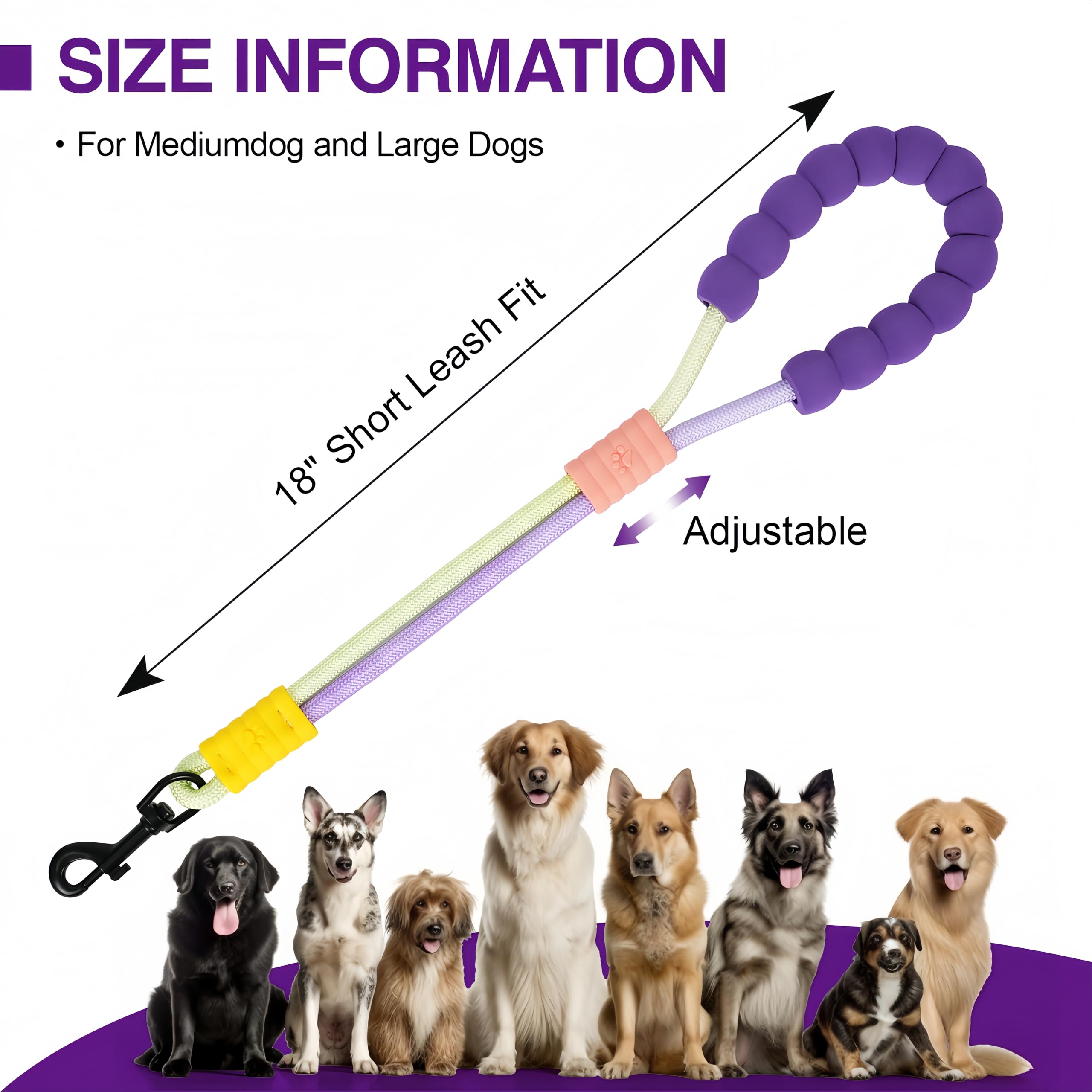 Kurze Hundeleine mit Kotbeutelspender, 45,7 cm, gepolsterter Griff und Drehclip für mittelgroße und große Hunde, Training, Walking, Joggen (Violett-Grün)