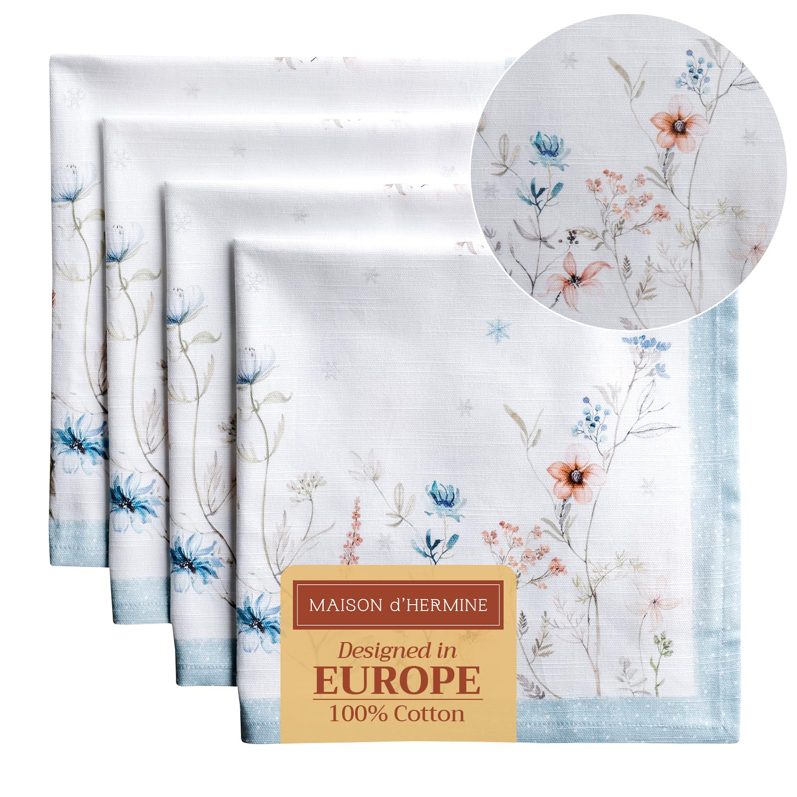 Maison d' Hermine Stoffservietten 4er Set aus 100% Baumwolle Wiederverwendbare Stoffservietten Weihnachten Herbst und Alltag Waschbare für Esstisch oder Hochzeit (Ice Florals, 45 x 45 cm)