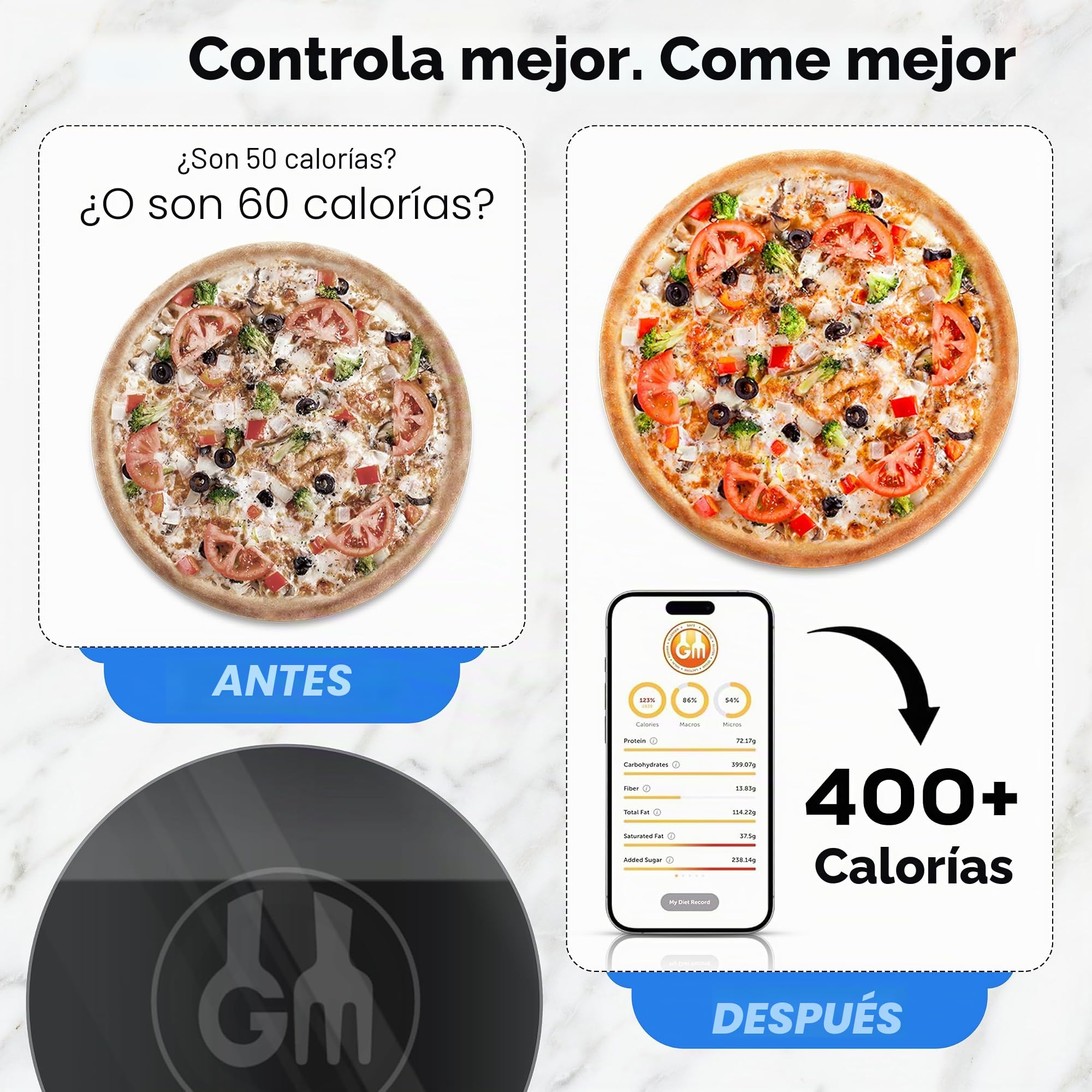 Báscula de alimentos, portátil, recargable, tamaño de viaje. Calculadora inteligente de calorías para pérdida de peso, nutrición, diabetes, preparación de comidas, dieta. Báscula digital de
