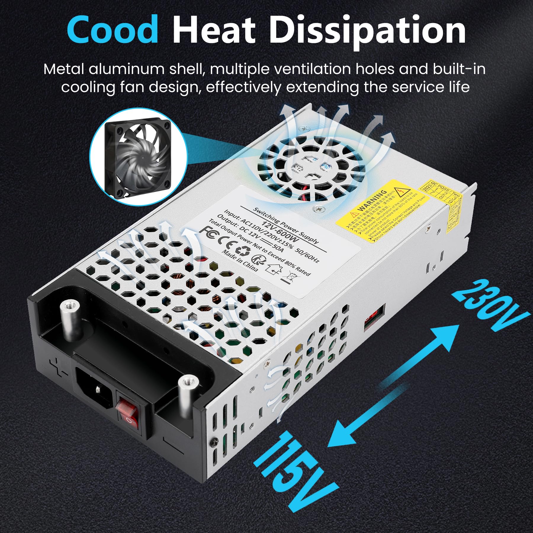 DC Alimentation 12V 50A 600W Transformateur 220V CA à 12V CC Convertisseur 50A 600W Alimentation Convertisseur pour Driver LED Moteur Caméra Sécurité CCTV Voiture Stéréo Autres 12V appareils