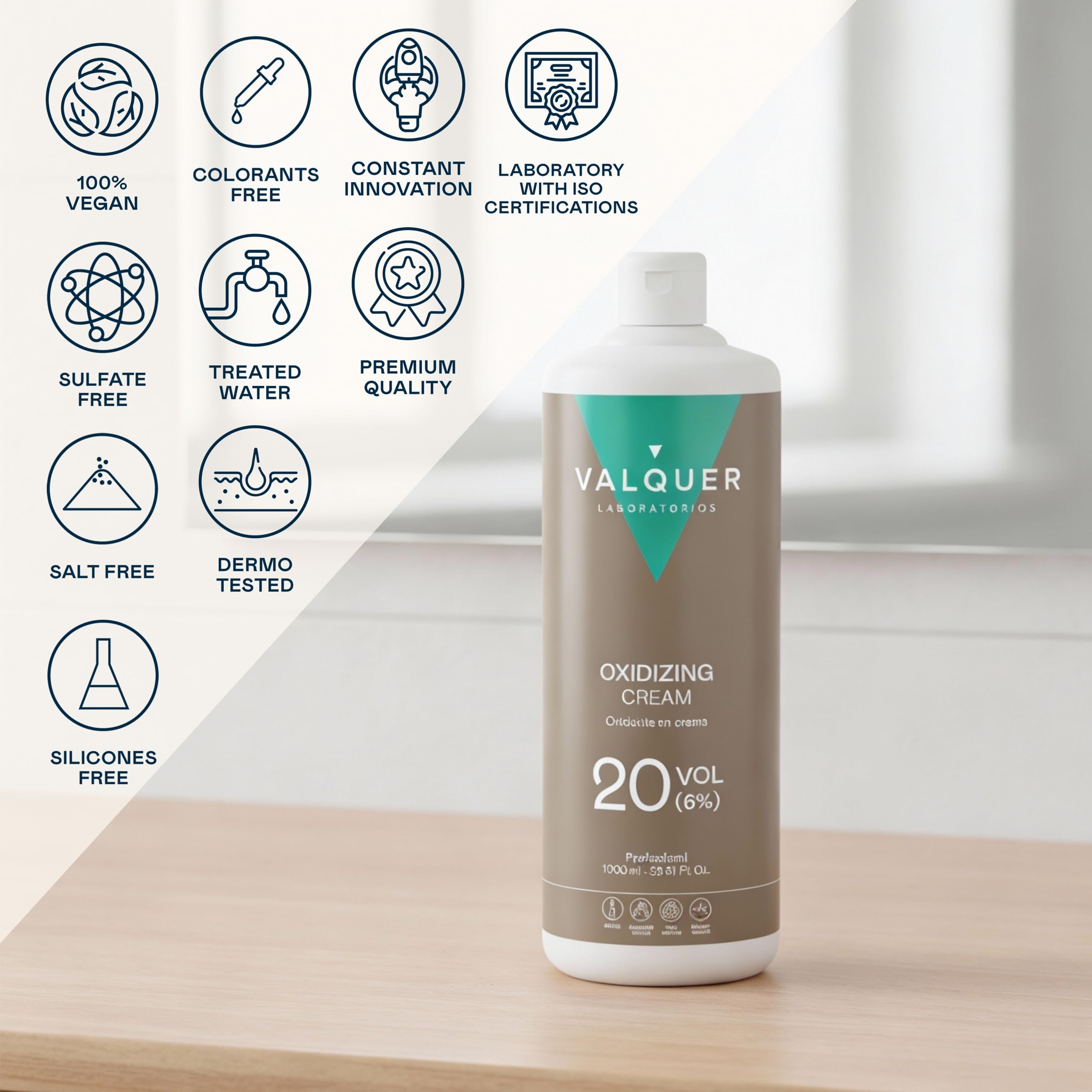 VALQUER Agua Oxigenada en Crema Estabilizada 20 Volúmenes 6% | Oxidante para Coloración Capilar Permanente y Decoloración | Vegano con Ingredientes de Origen Natural | Profesional | 1 L — view 2