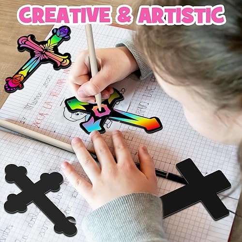 Miniatura 3 de ZMLM Regalos cristianos para niños: 60 piezas de adornos de cruz para rascar, arco iris, juego de papel para rascar para aula, recuerdo de fiesta