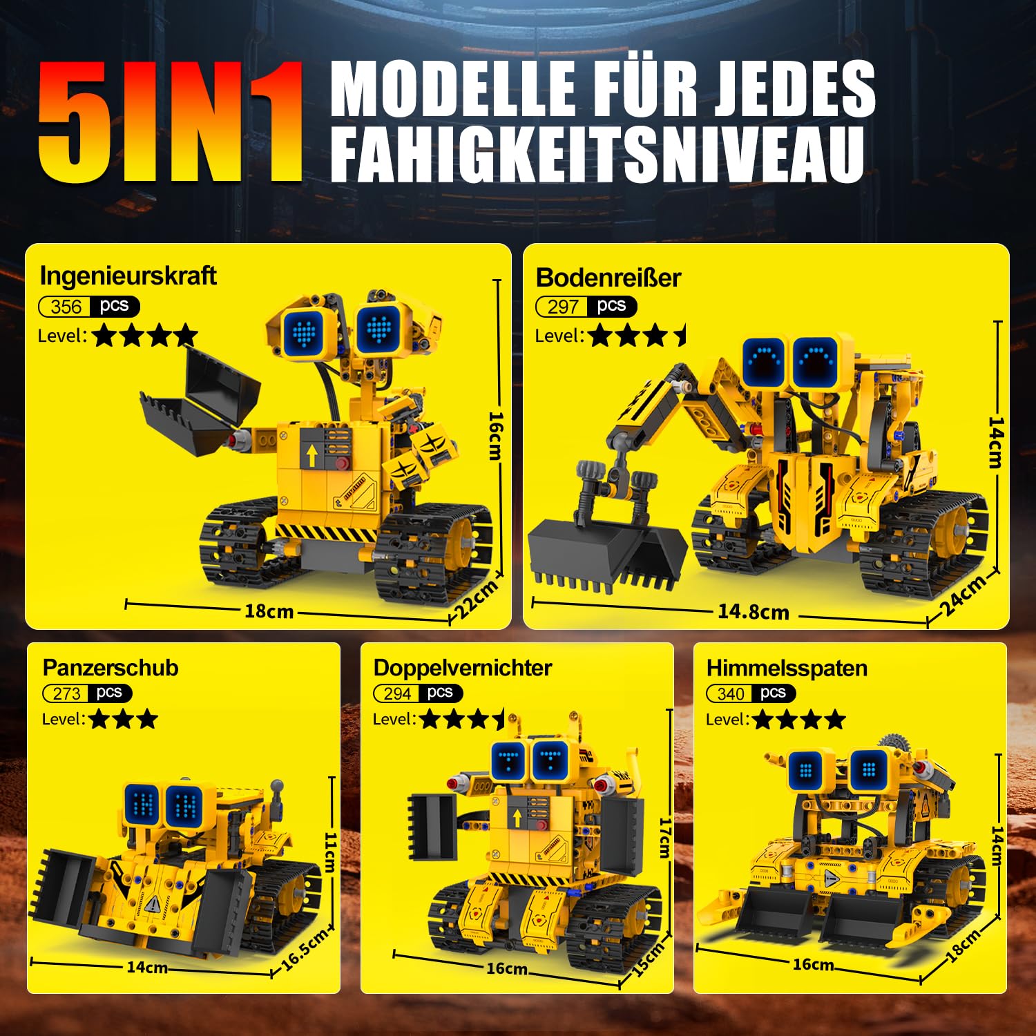 Technik Robot da costruzione per bambini, set robot programmabile 5 in 1 | App e telecomando, STEM Bulldozer, mattoncini a morsetto, 452 pezzi, regalo per bambini dai 8 ai 12 anni in su