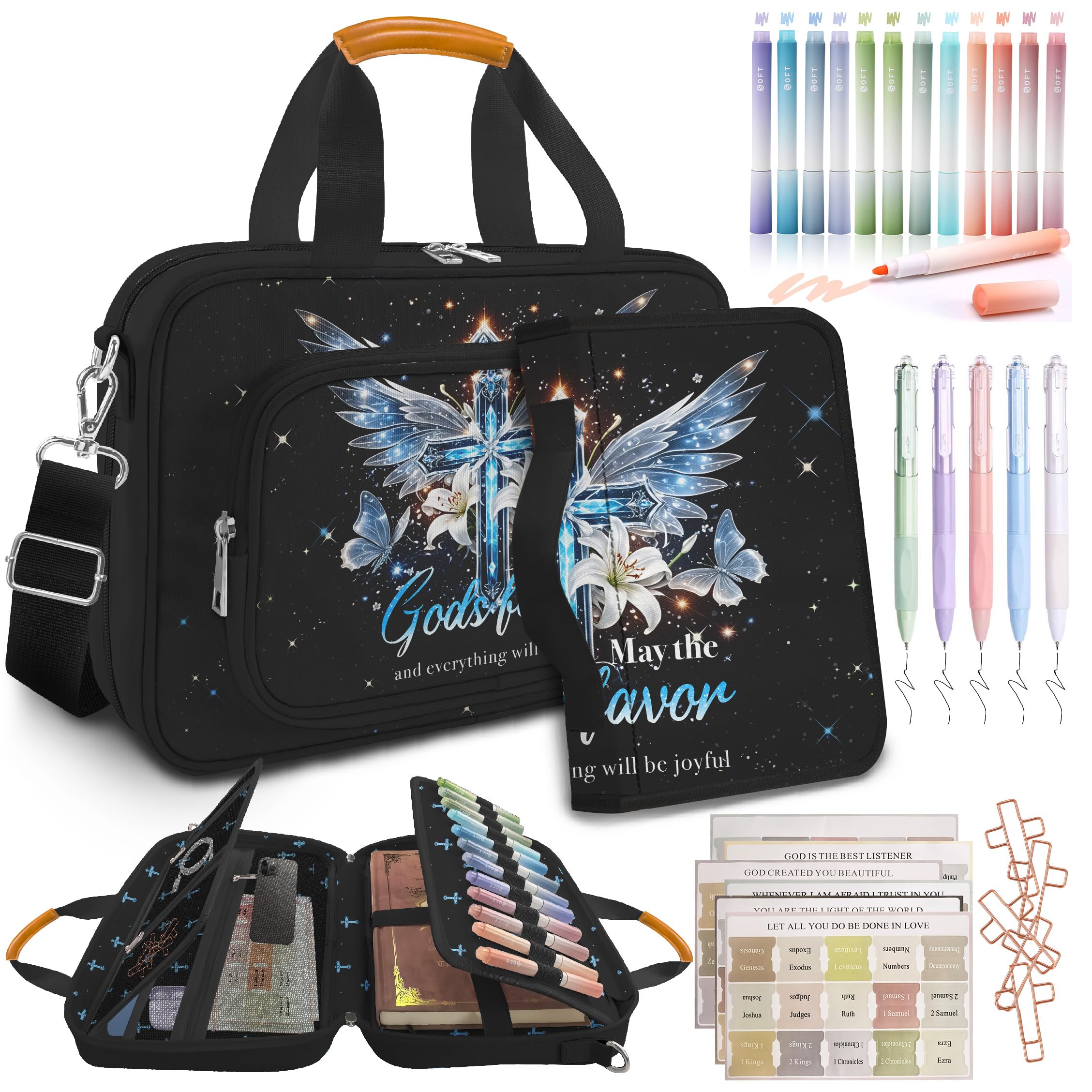 bolimoss Cross Bible Case for Women, Bible Cover Case with Shoulder Strap Handle, Large Bible Carrying Case with Zipper Pockets, Bible Accessories with Pens Highlighters Cross Clip Tabs,Christian Gift